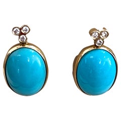 16 Carat Natural Sleeping Beauty Turquoise & Diamond Earring 18 K Yellow Gold