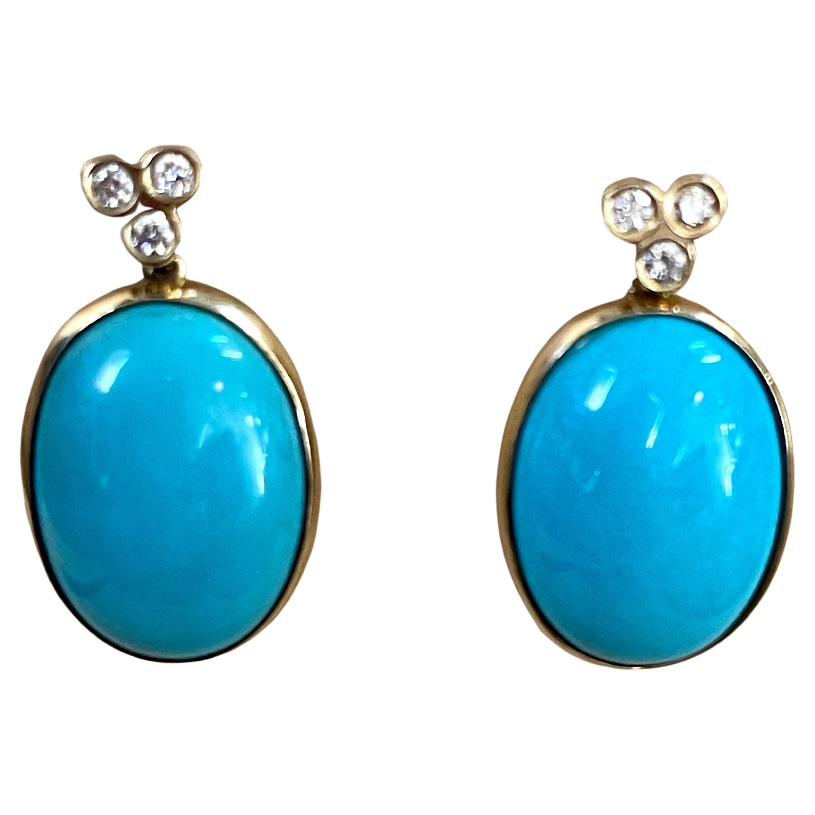 16 Carat Natural Sleeping Beauty Turquoise 
Diamond Earring 18 K Yellow Gold