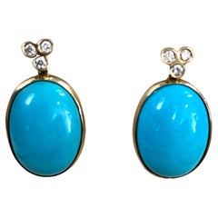 16 Carat Natural Sleeping Beauty Turquoise & Diamond Earring 18 K Yellow Gold