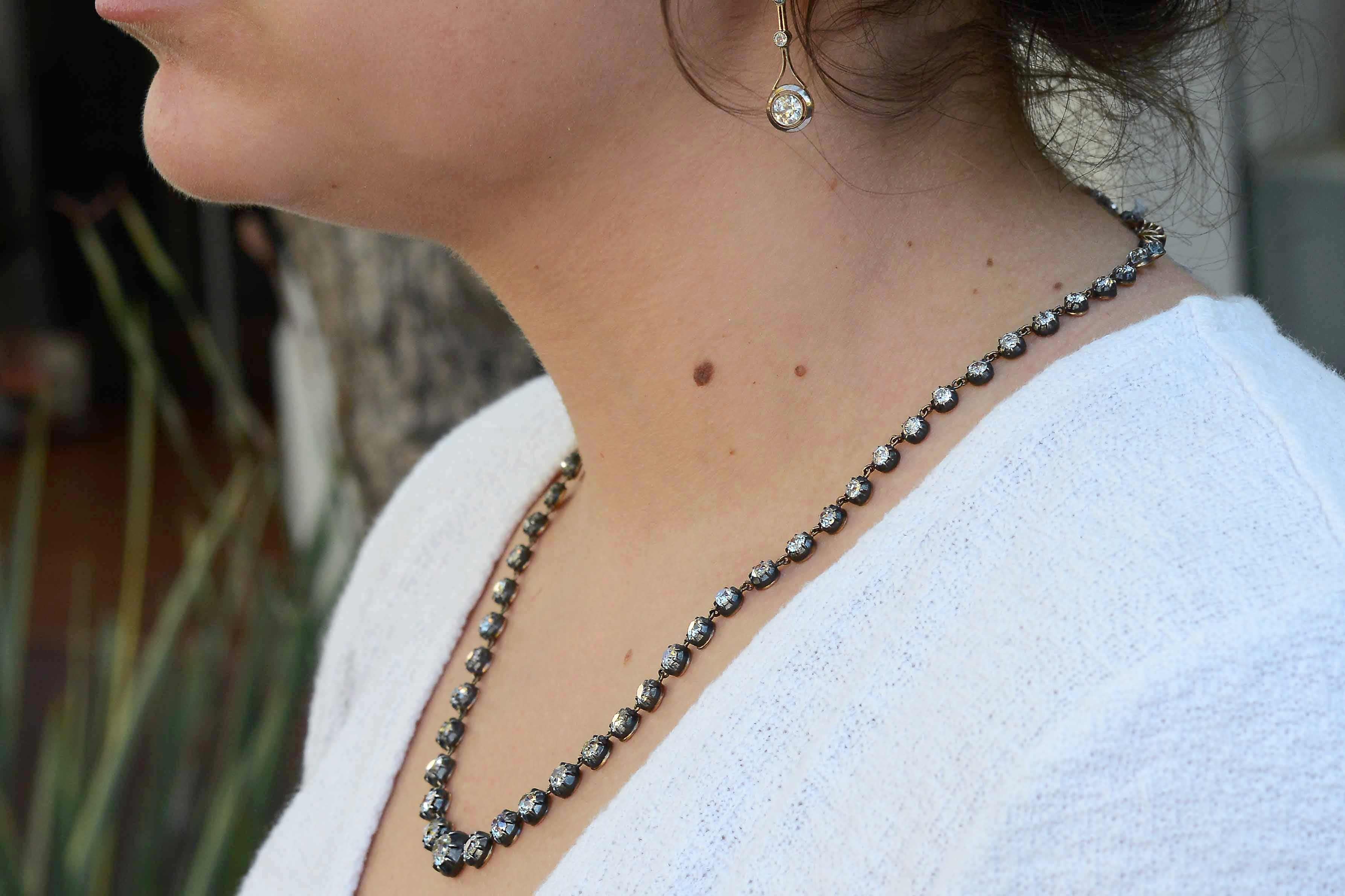 16 Carat Old Mine Cut Diamond Victorian Style Riviere' Necklace at