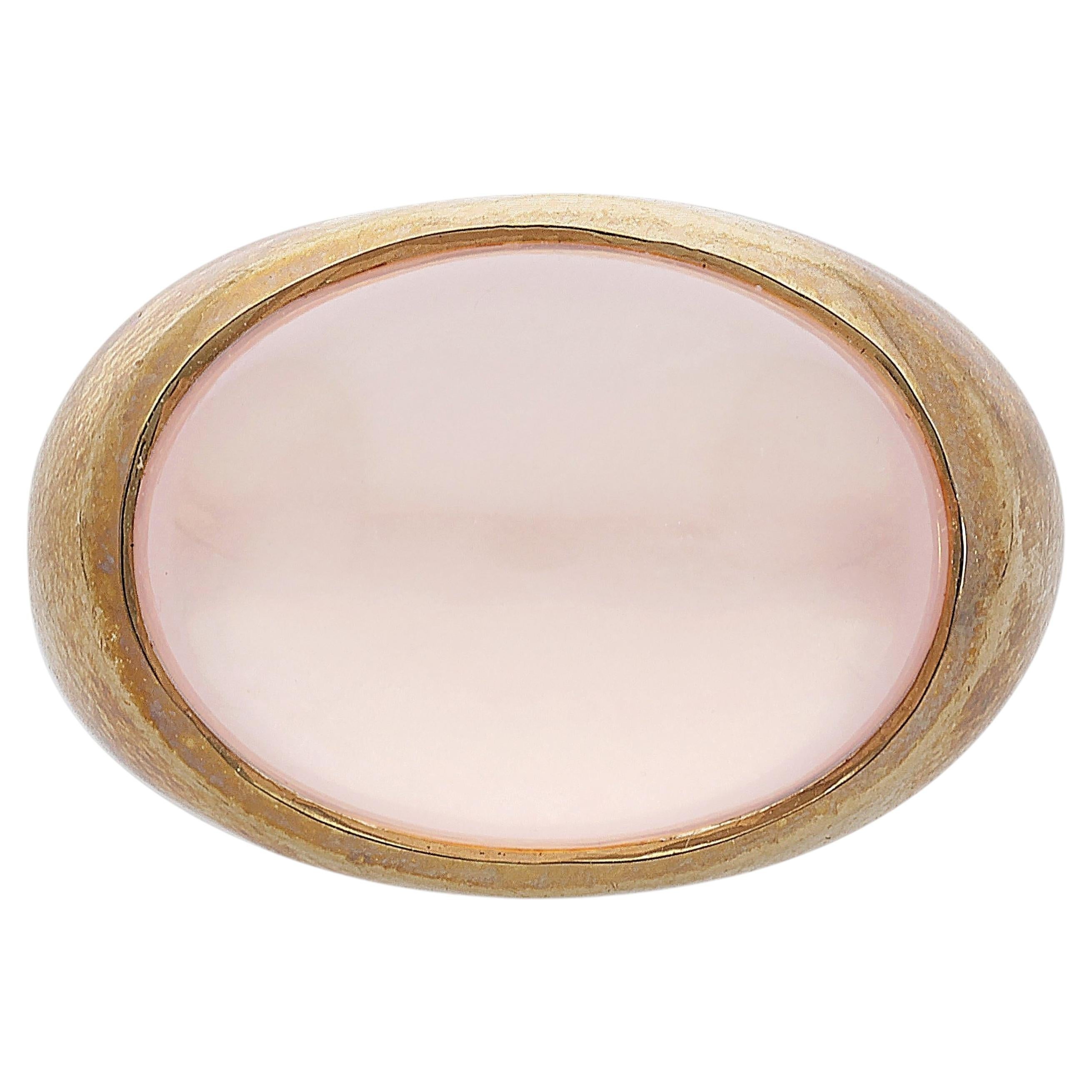16 Carat Oval Pink Quartz Cabochon 14K Yellow Gold Vintage Dome Bold Signet Ring