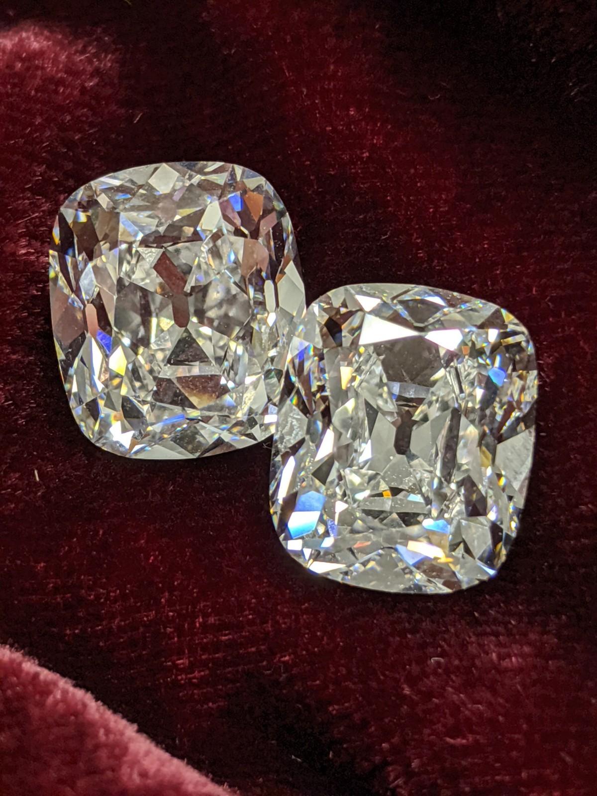 Limited time listing for this pair of spectacular Antique Cut Cushion shape diamonds. This shape is red hot right now on the international collecting scene.  Featuring a matched pair of eight carat each D and E color VS1 and VS2 clarity collector