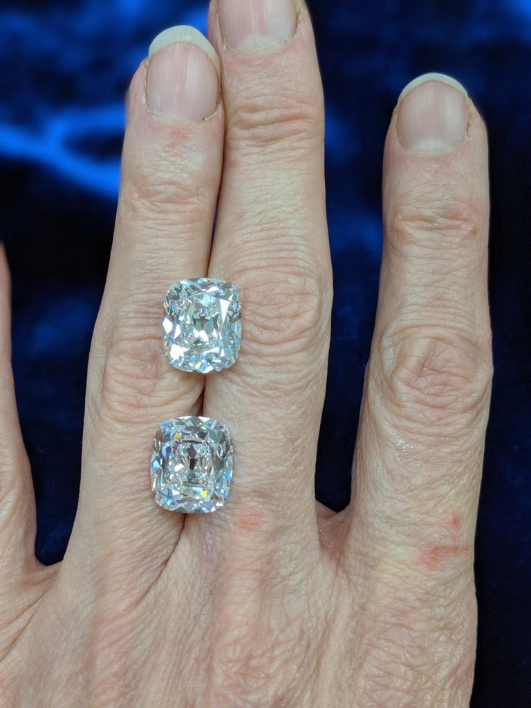 16 Carat Pair of Antique Cut Cushion Diamonds for Earrings D and E