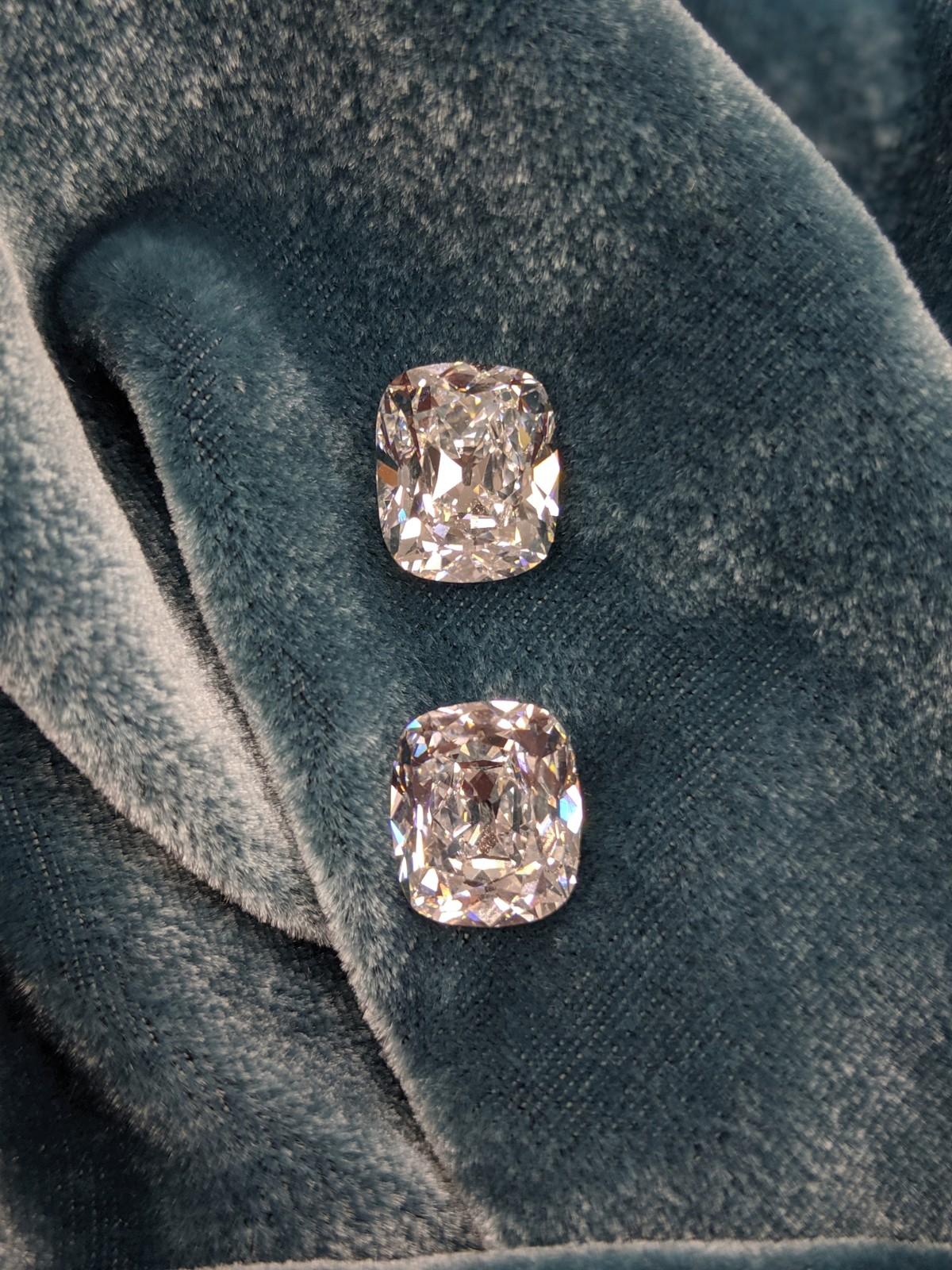 Contemporary 16 Carat Pair of Antique Cut Cushion Diamonds for Earrings D and E color GIA