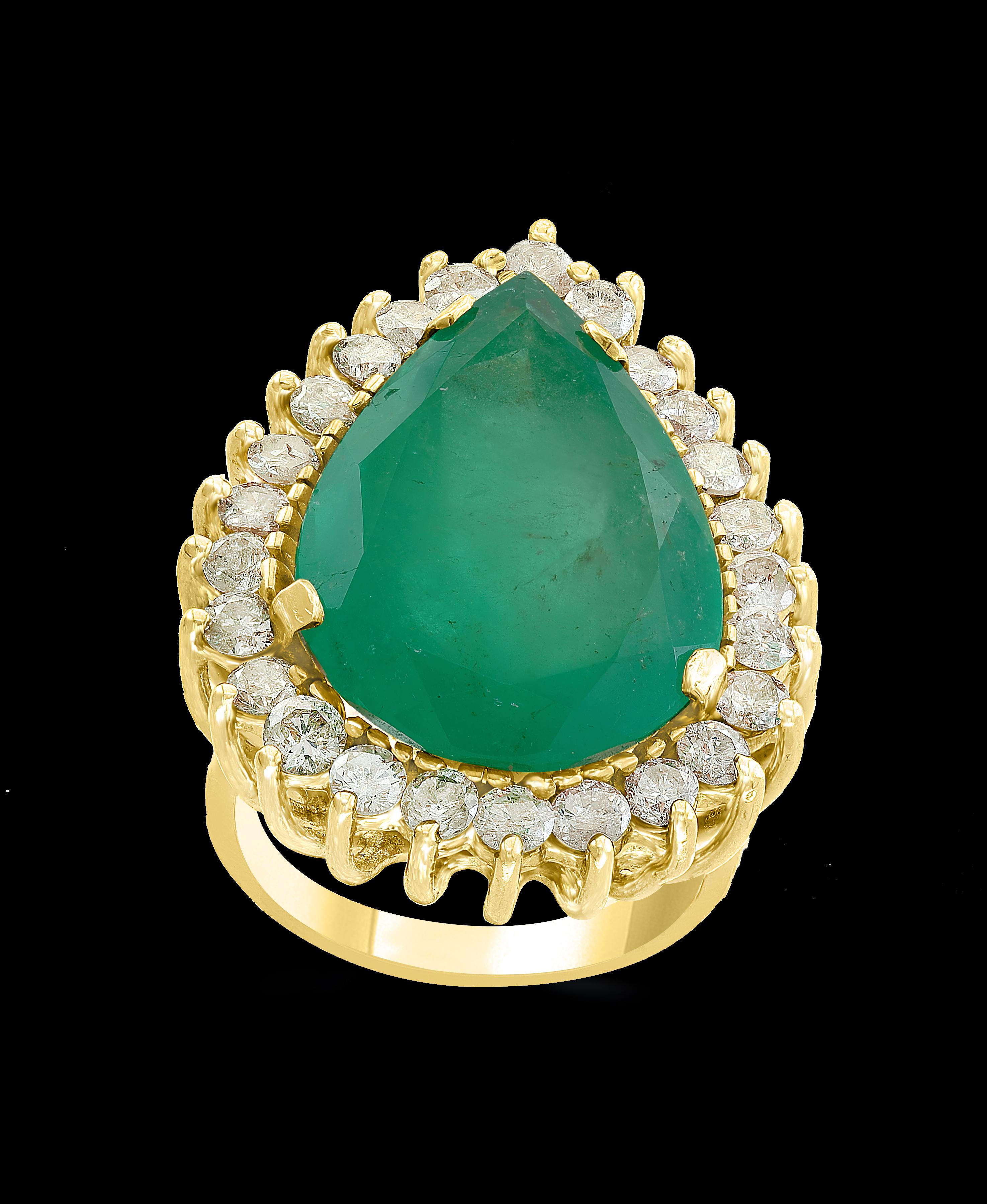 A classic, Cocktail ring 
16 Carat Pear shape  Emerald and Diamond Ring,  with no color enhancement.
14 Karat Yellow gold 11 gm
 Diamonds: approximate 3.0 Carat 
Emerald:  approximate 16 Carat 
Cut: Pear shape
Ring size 6.5
It’s very hard to capture