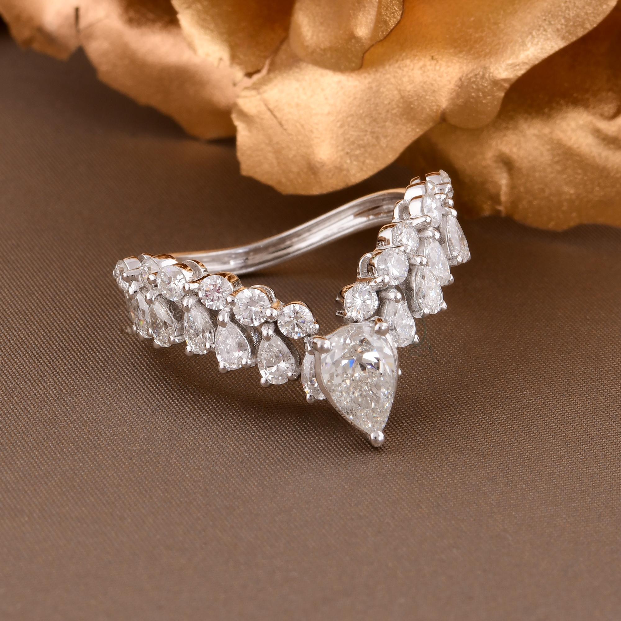 Pear Cut 1.6 Carat Pear & Round Diamond Chevron Ring 18 Karat White Gold Handmade Jewelry For Sale