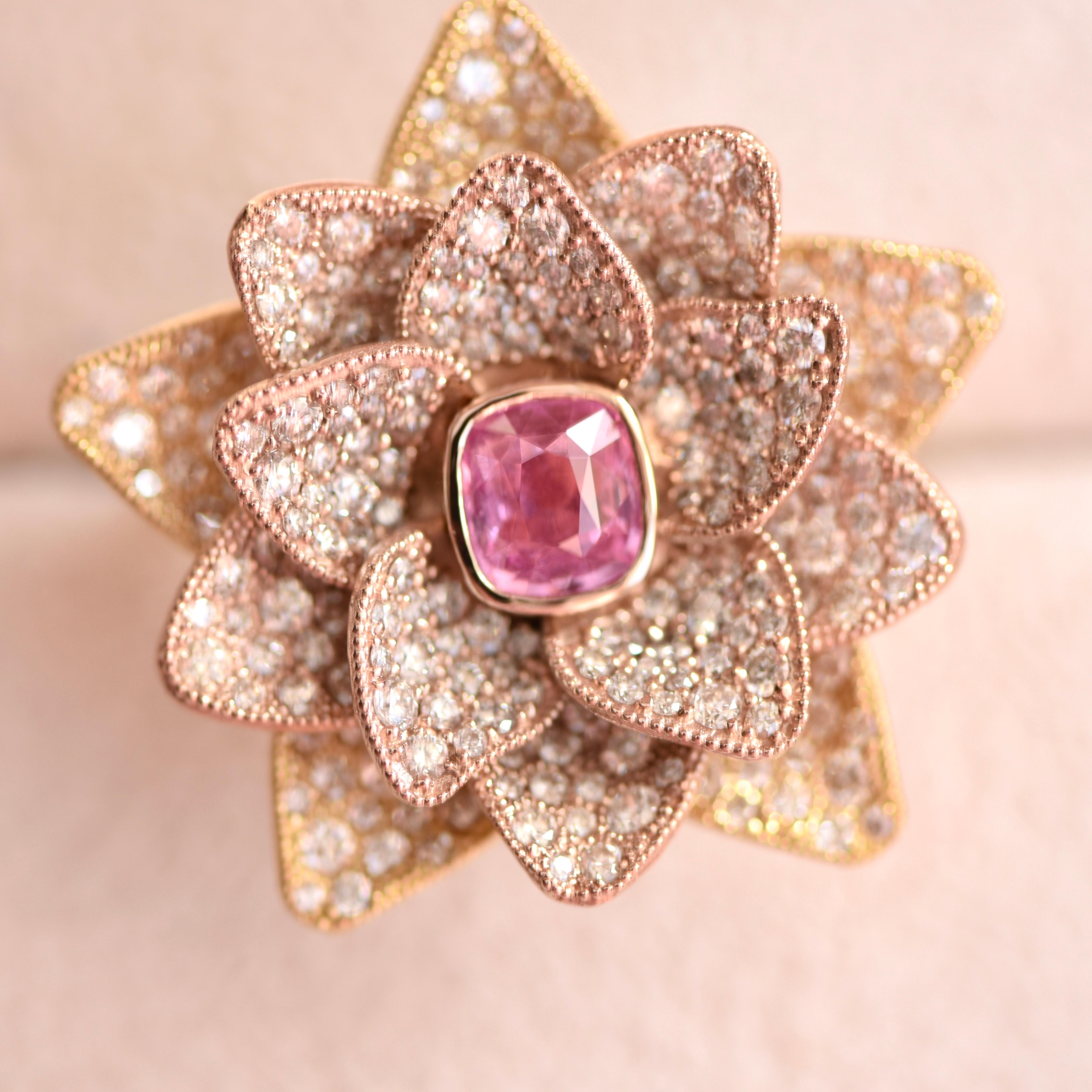 Cushion Cut 1, 6 Carat Pink Sapphire Diamonds 18 Karat Rose Gold 
