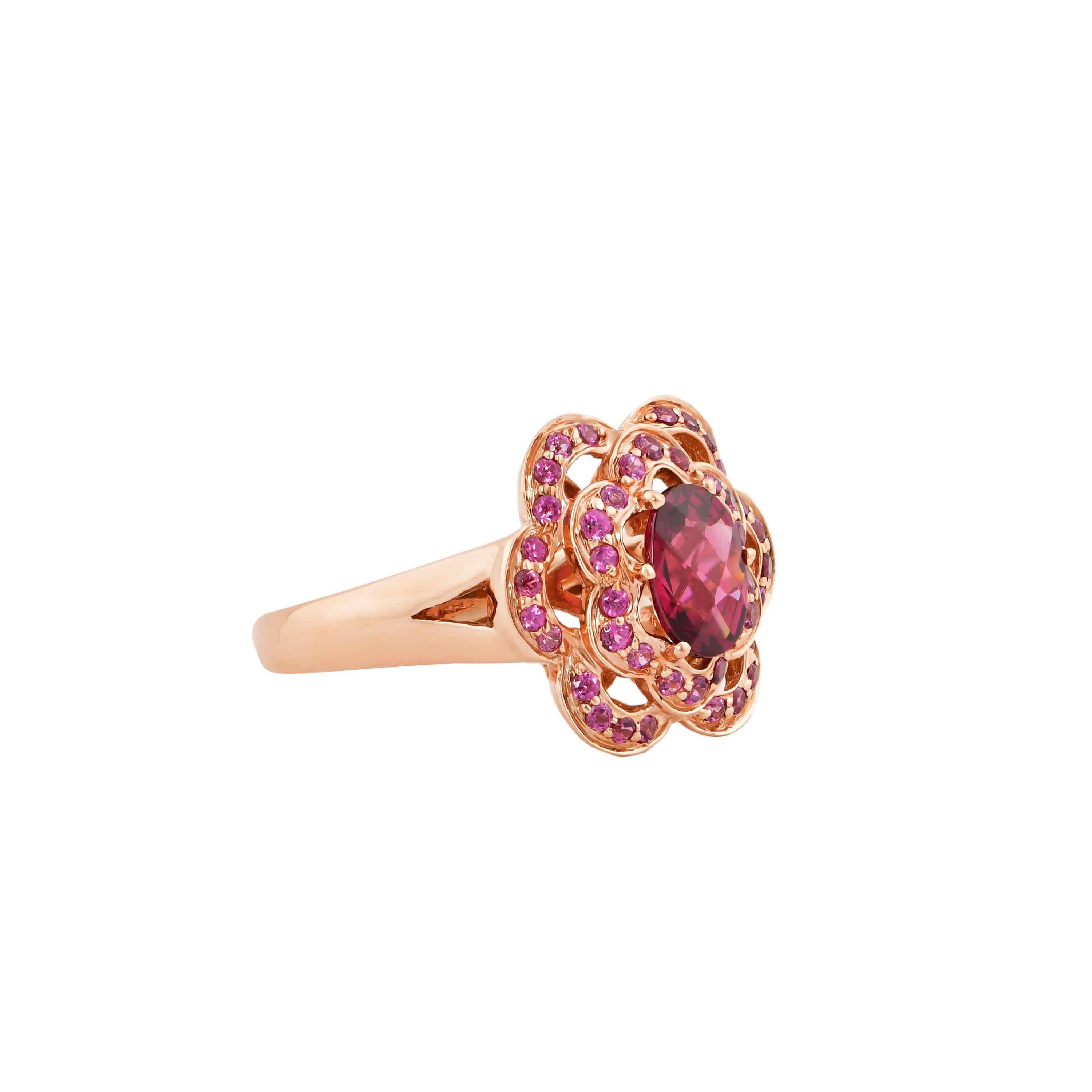 Glamorous Gemstones - Sunita Nahata started off her career as a gemstone trader, and this particular collection reflects her love for multi-colored semi-precious gemstones. This ring presents a radiant rhodolite center accented with pave rhodolites.