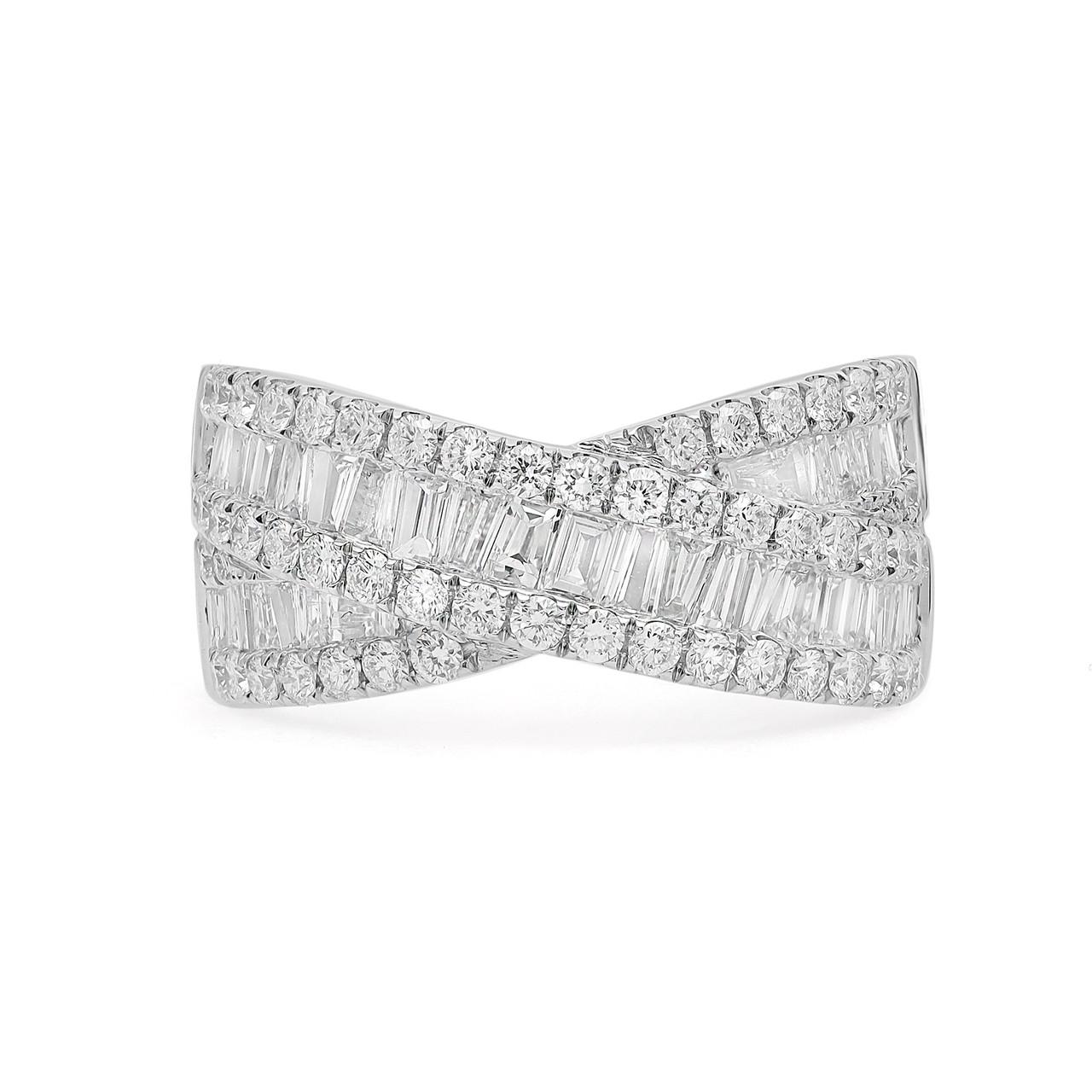 Elevate your style with the breathtaking brilliance of our 1.6 Carat Round and Baguette Diamond Crossover Fashion Ring in 18K White Gold. Perfect for any occasion, this mesmerizing piece is designed to celebrate your love in the most exquisite way.