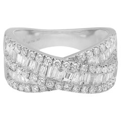 1.6 Carat Round and Baguette Diamond Crossover Fashion Ring 18K White Gold