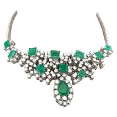16 Carat Round Brilliant Diamond 10.50 Carat Emerald 18K WG Statement Necklace