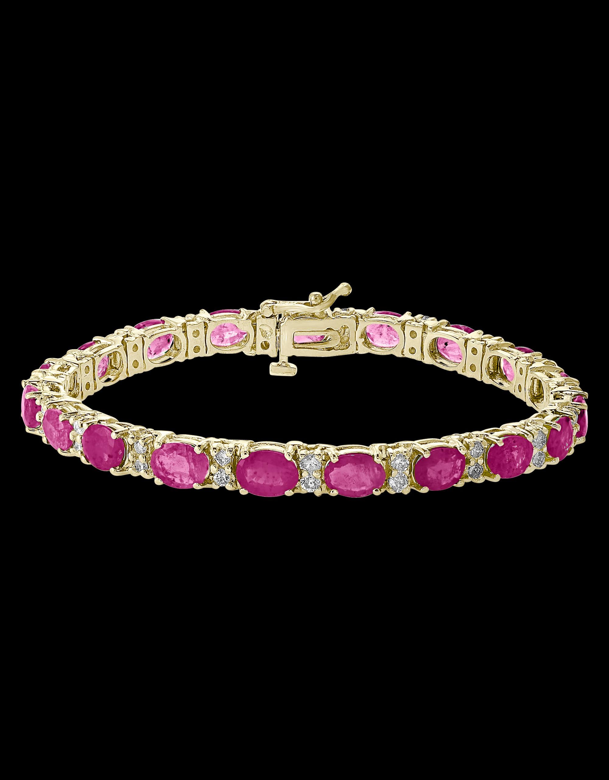  This exceptionally affordable Tennis  bracelet has  19 stones of oval  Rubies  . Each Ruby is spaced by two diamonds . The weight of the Ruby is 16 Carat .Total number of diamonds are 38 and diamond weighs 1.0 carats. Standard 7 inch long.
The