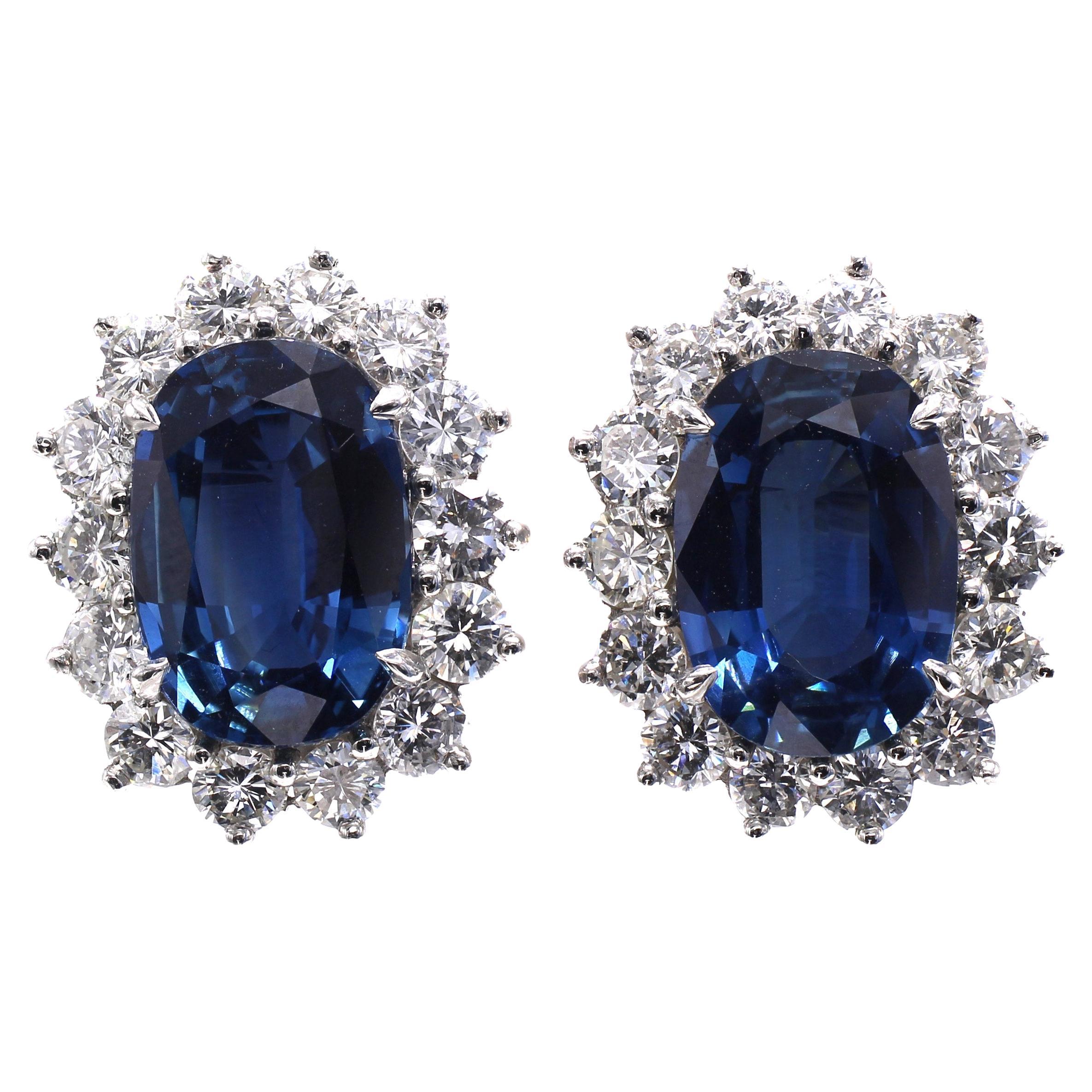 2 perfectly matched elongated oval cut sapphires are the center pieces of this pair of masterfully handcrafted platinum ear clips. The sapphires weighing 7.24 and 8.81 carats are accompanied by a report from the GIA stating the origin as Thailand.