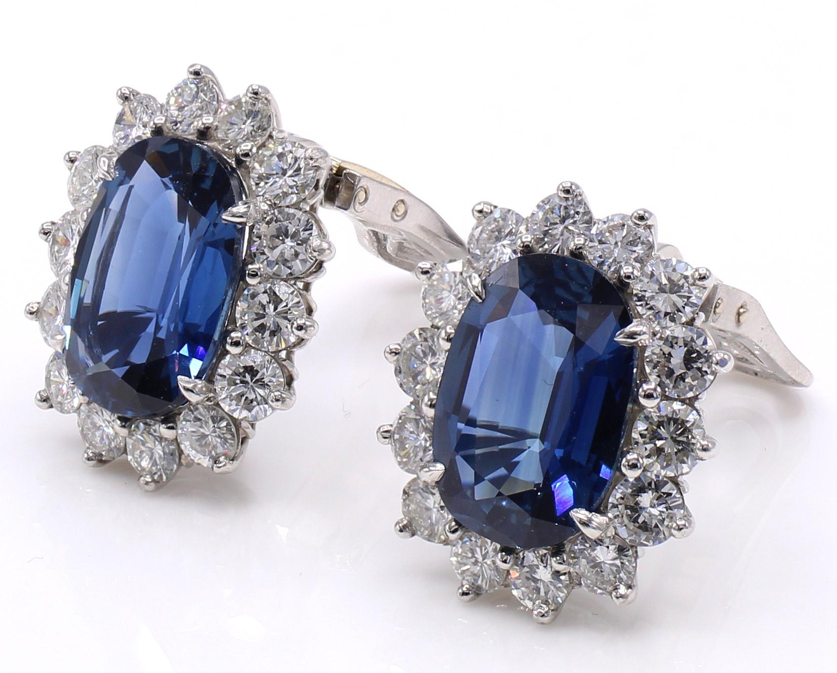Oval Cut 16 Carat Sapphire Diamond Platinum Ear Clips For Sale
