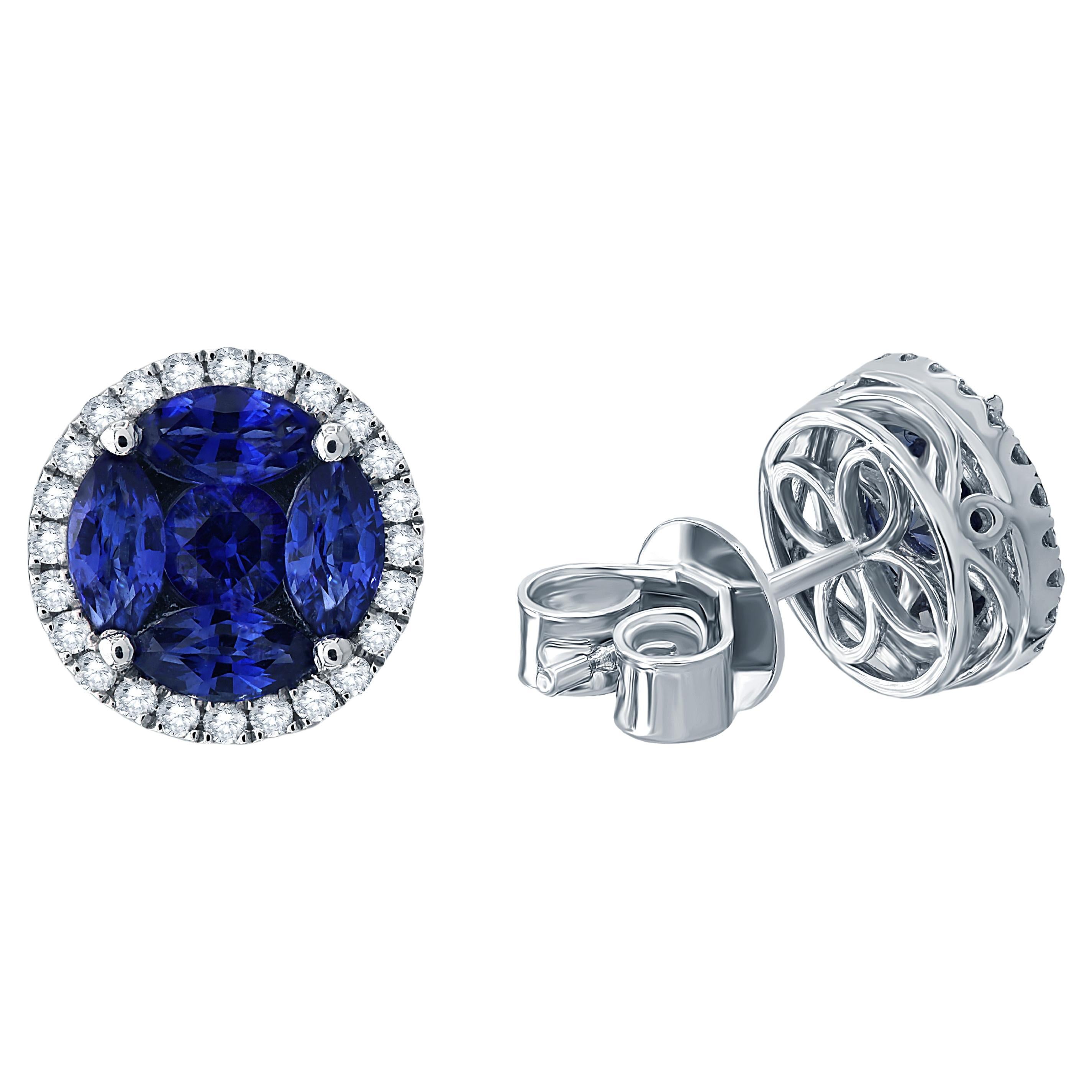 Orecchini a mosaico con zaffiro rotondo da 1,6 carati e diamanti a raggiera in bianco 18 carati ref170