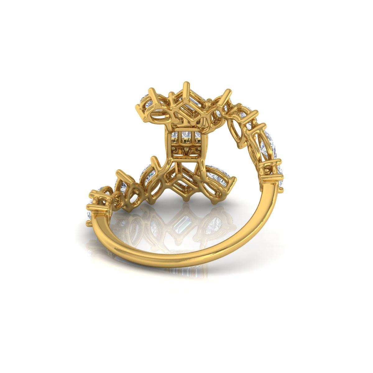 Modern 1.6 Carat SI Clarity HI Color Pear Emerald Cut Diamond Ring 14 Karat Yellow Gold For Sale