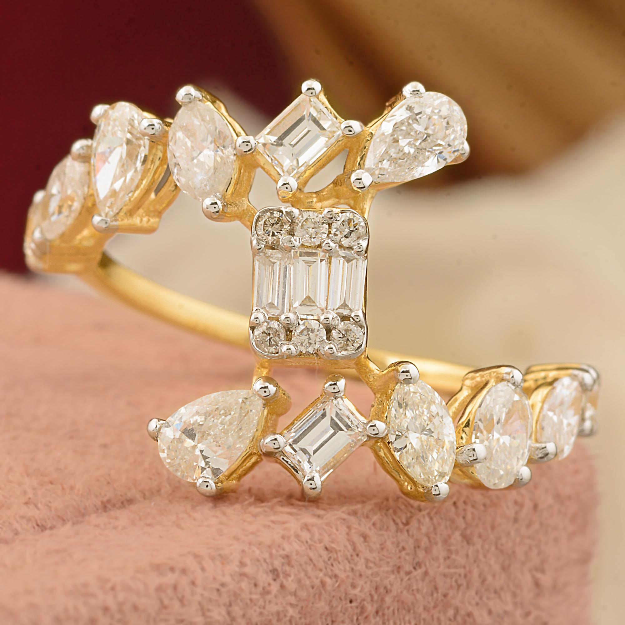 1.6 Carat SI Clarity HI Color Pear Emerald Cut Diamond Ring 14 Karat Yellow Gold For Sale 1