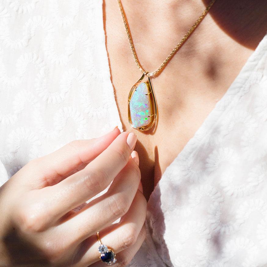 16 Carat Solid Australian Crystal Opal 18 Carat Yellow Gold Vintage Pendant 1