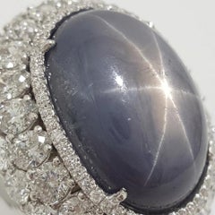 16 Carat Star Sapphire and Diamond Halo Cocktail Ring in 18k White Gold
