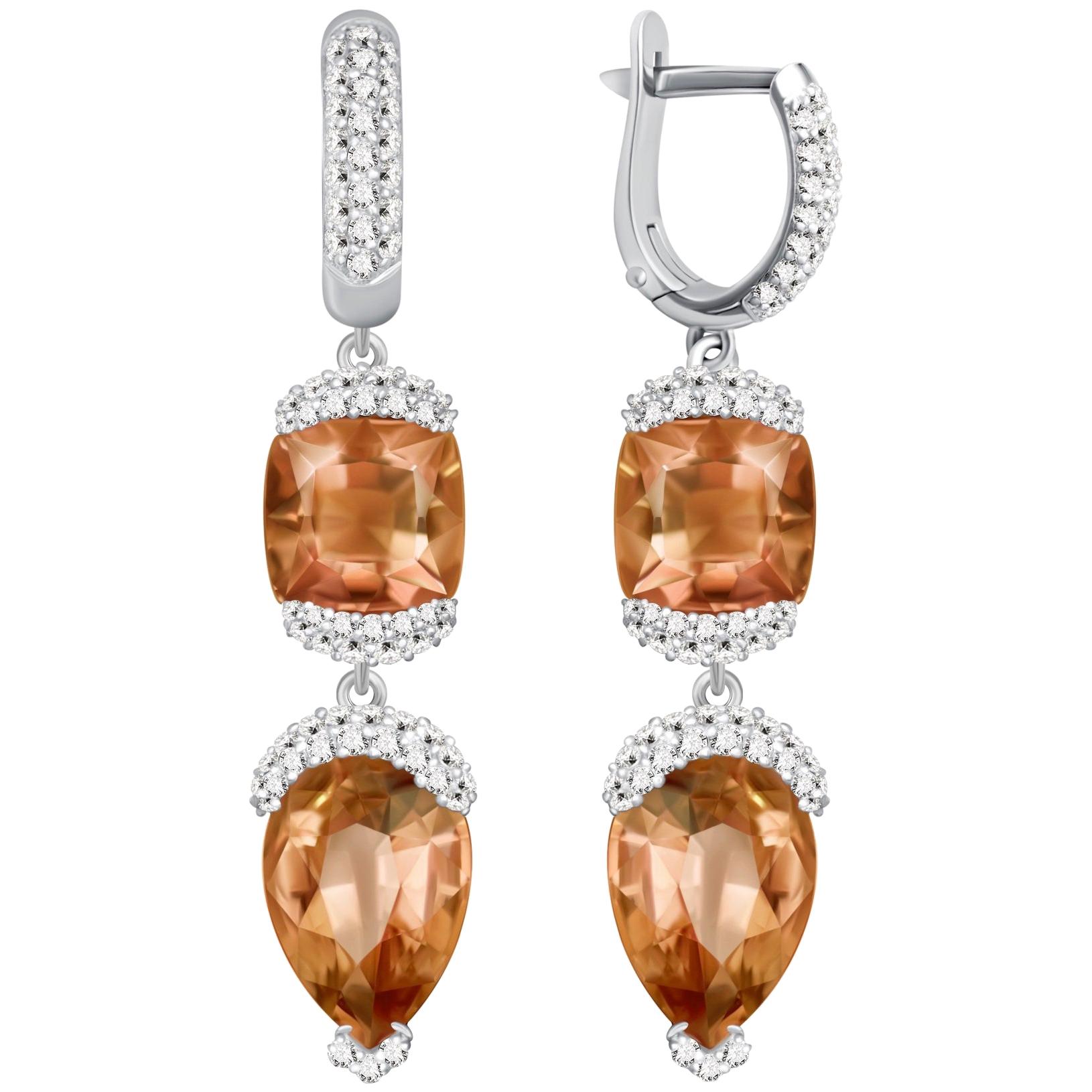 16 Carat "Sunset" Tourmaline Diamonds 14 Karat White Gold Earrings