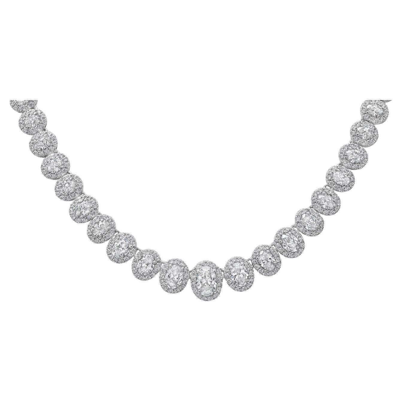 Modern 16 Carat Tennis Riviere Necklace Oval Halo Platinum Necklace For Sale