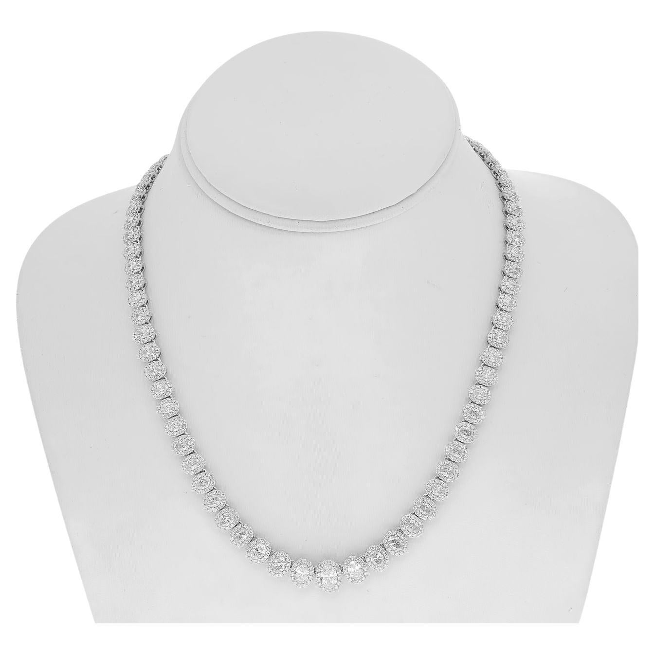 Round Cut 16 Carat Tennis Riviere Necklace Oval Halo Platinum Necklace For Sale