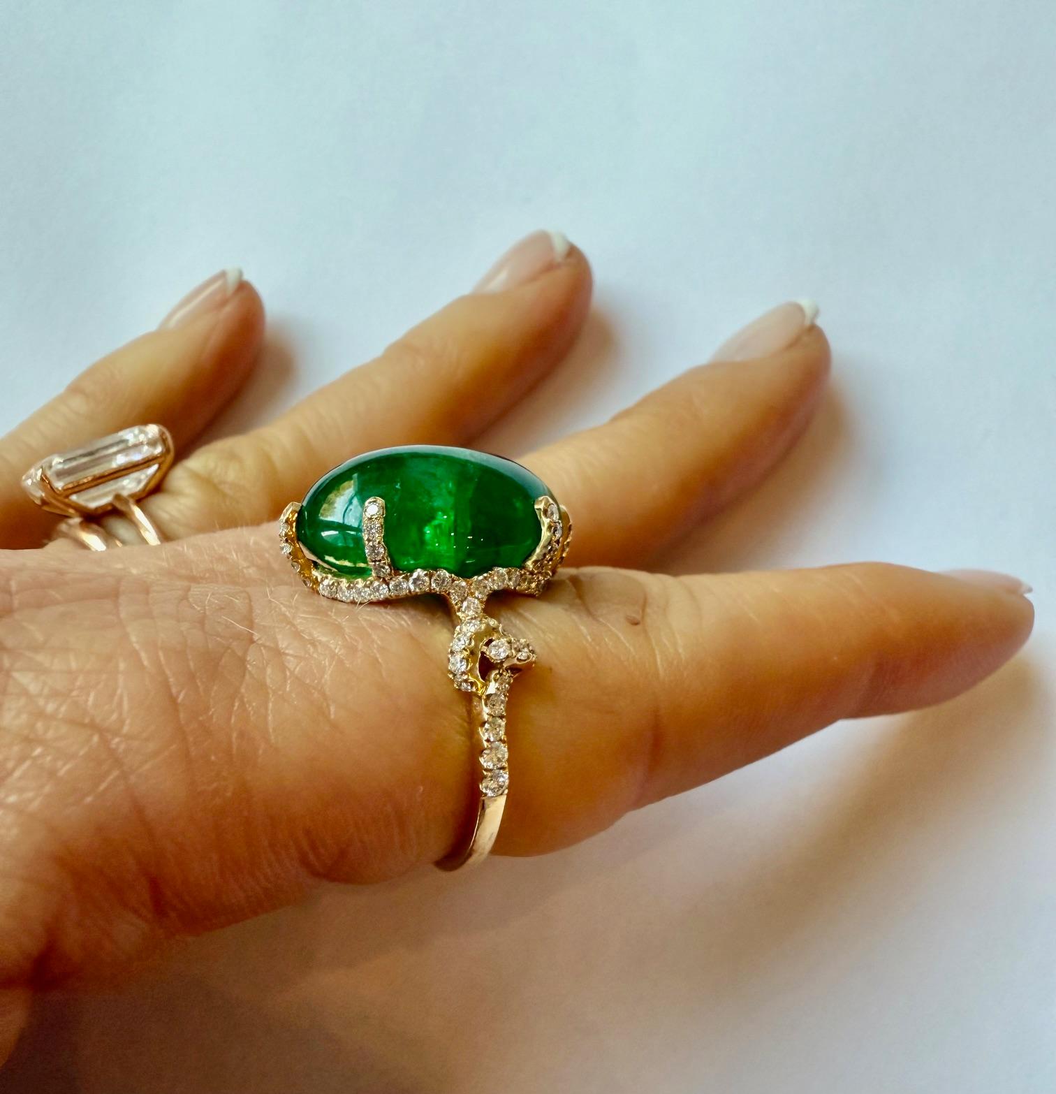 16 Carat Total Weight Zambian Cabochon Emerald Ring with Diamonds,  18K In New Condition For Sale In Los Angeles, CA