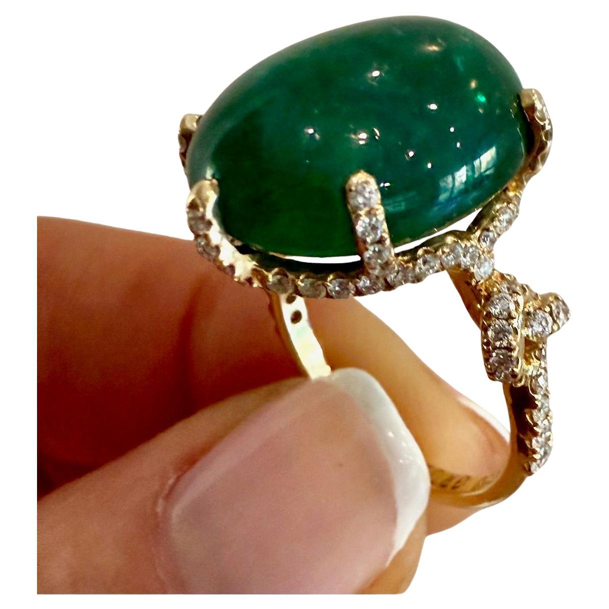 16 Carat Total Weight Zambian Cabochon Emerald Ring with Diamonds,  18K For Sale