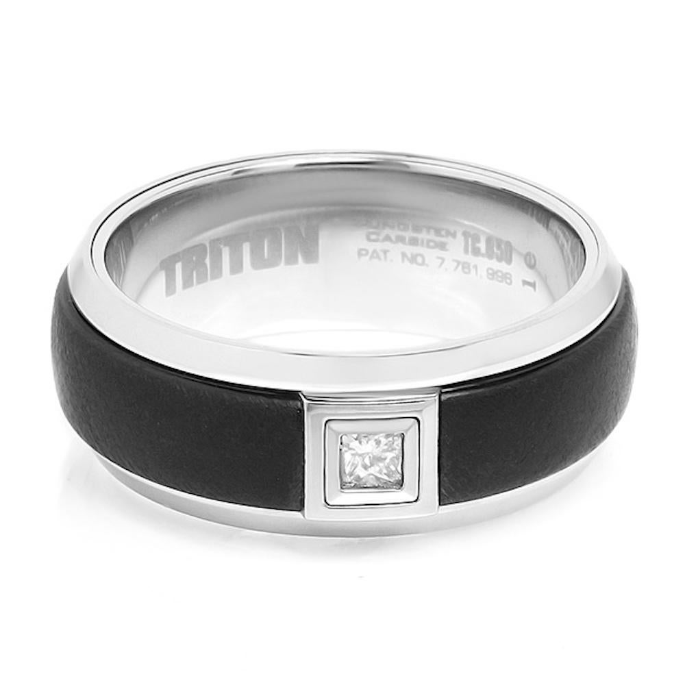 Solitaire .16ct square diamond breaks up the darkness in this 8mm black tungsten band. TRITON tungsten carbide bands contain a patented TC.850 formula for a scratch resistant forever polished luster.
This ring features a classic domed shape. 
A