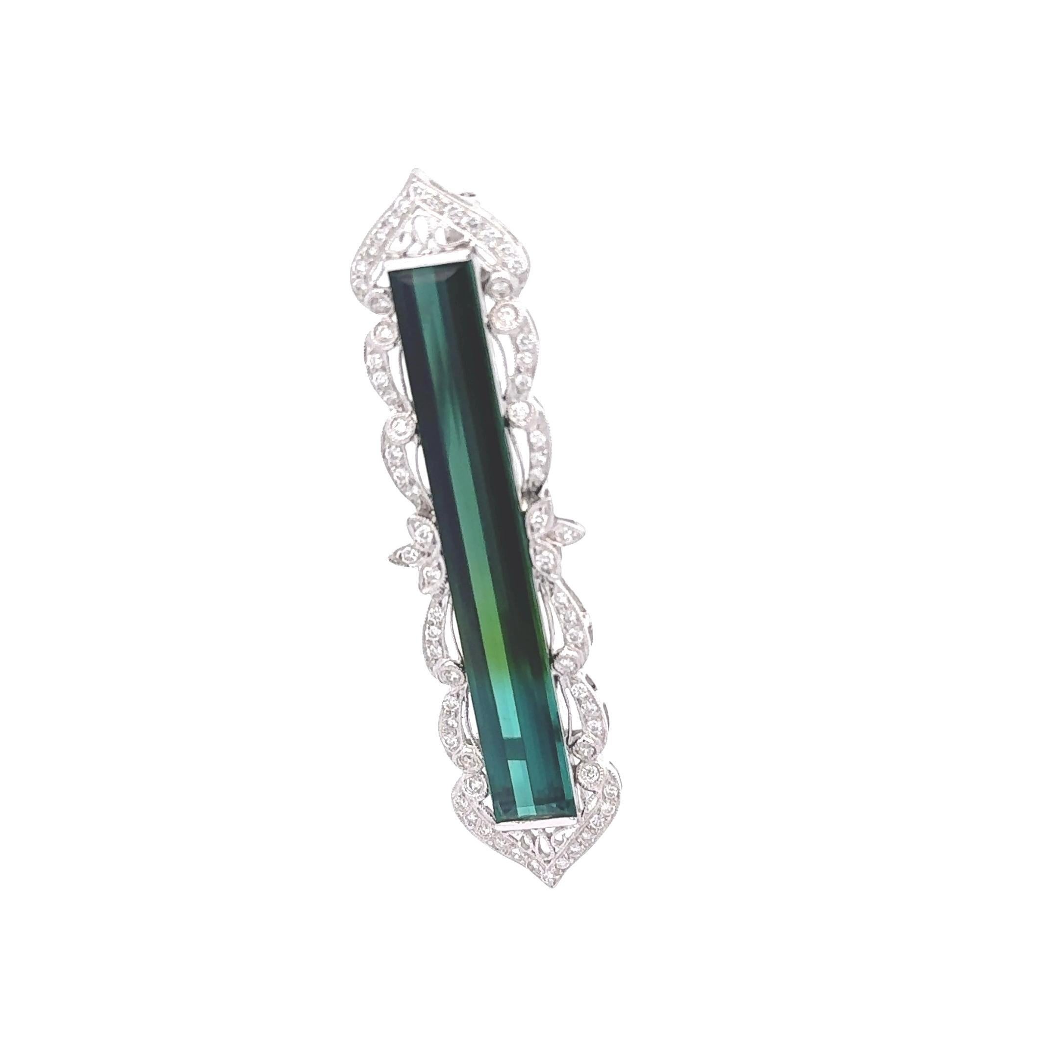Modern 16 Carats Bi-Color Tourmaline Diamond 18k White Gold Antique Style Brooch For Sale