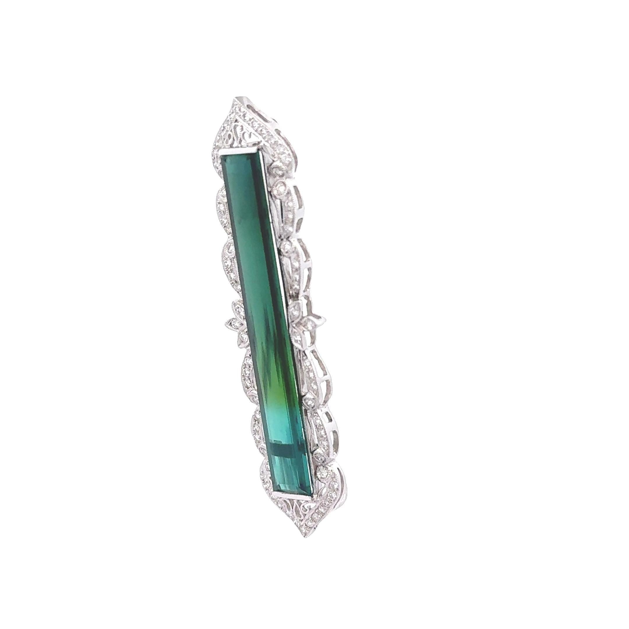 16 Carats Bi-Color Tourmaline Diamond 18k White Gold Antique Style Brooch In New Condition For Sale In Beverly Hills, CA