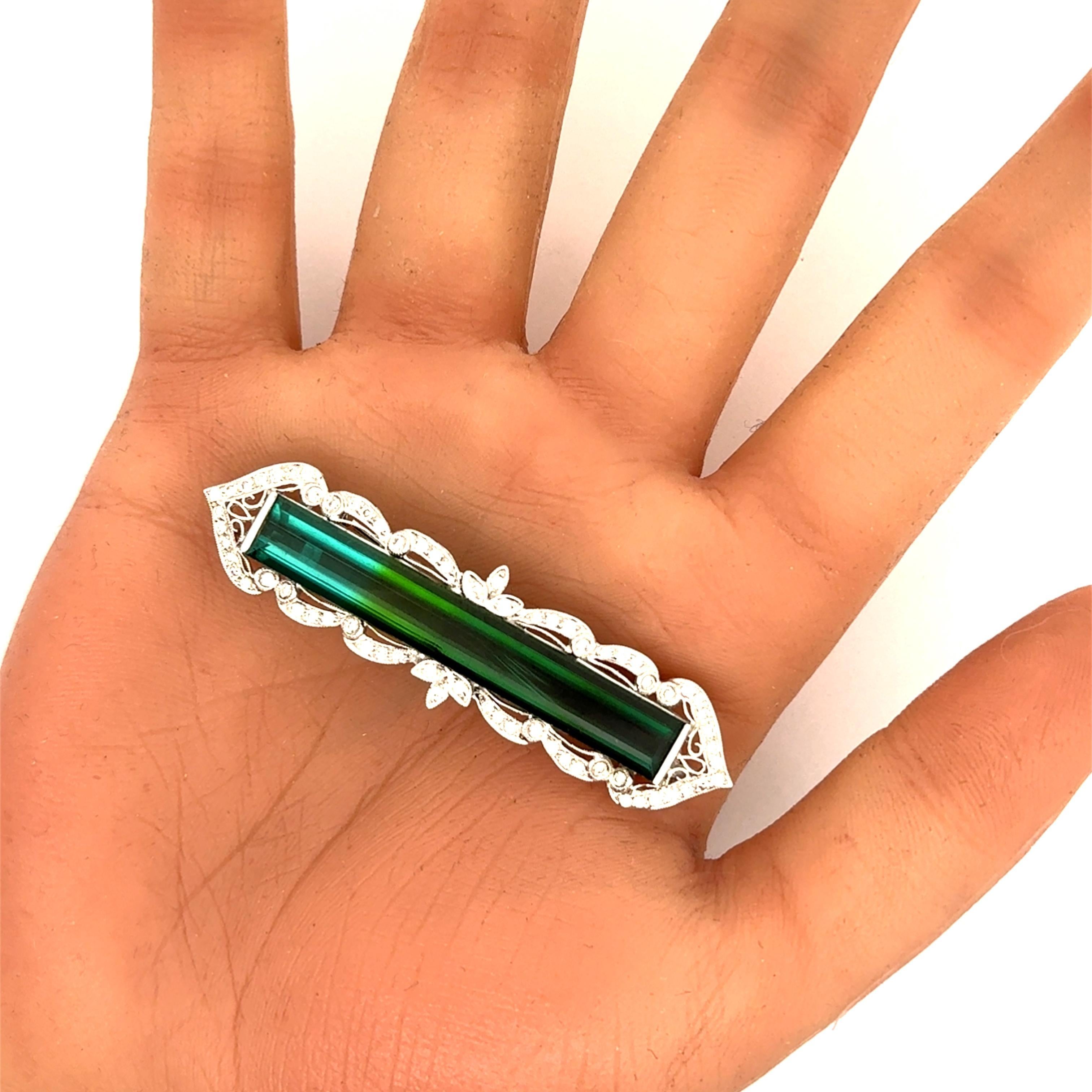 Women's 16 Carats Bi-Color Tourmaline Diamond 18k White Gold Antique Style Brooch For Sale