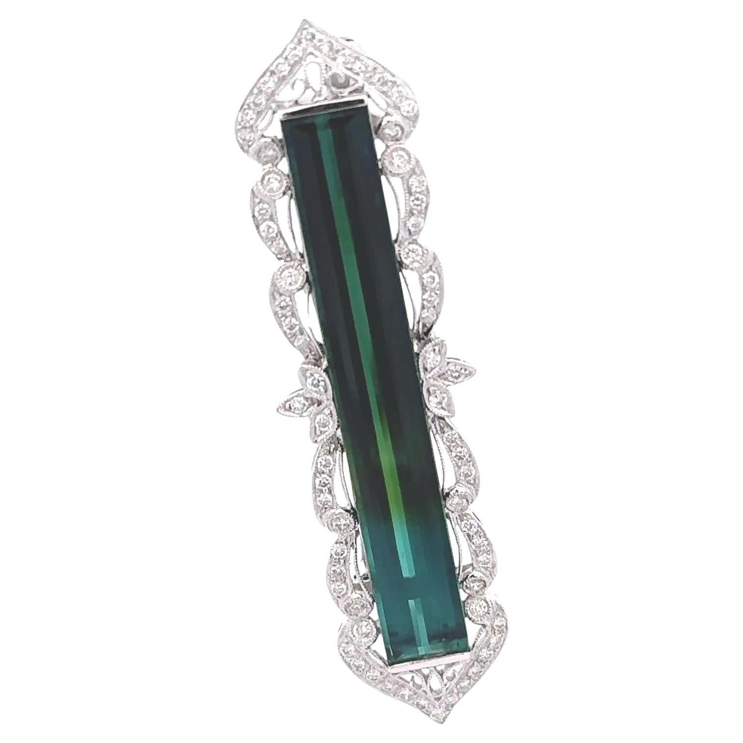 16 Carats Bi-Color Tourmaline Diamond 18k White Gold Antique Style Brooch