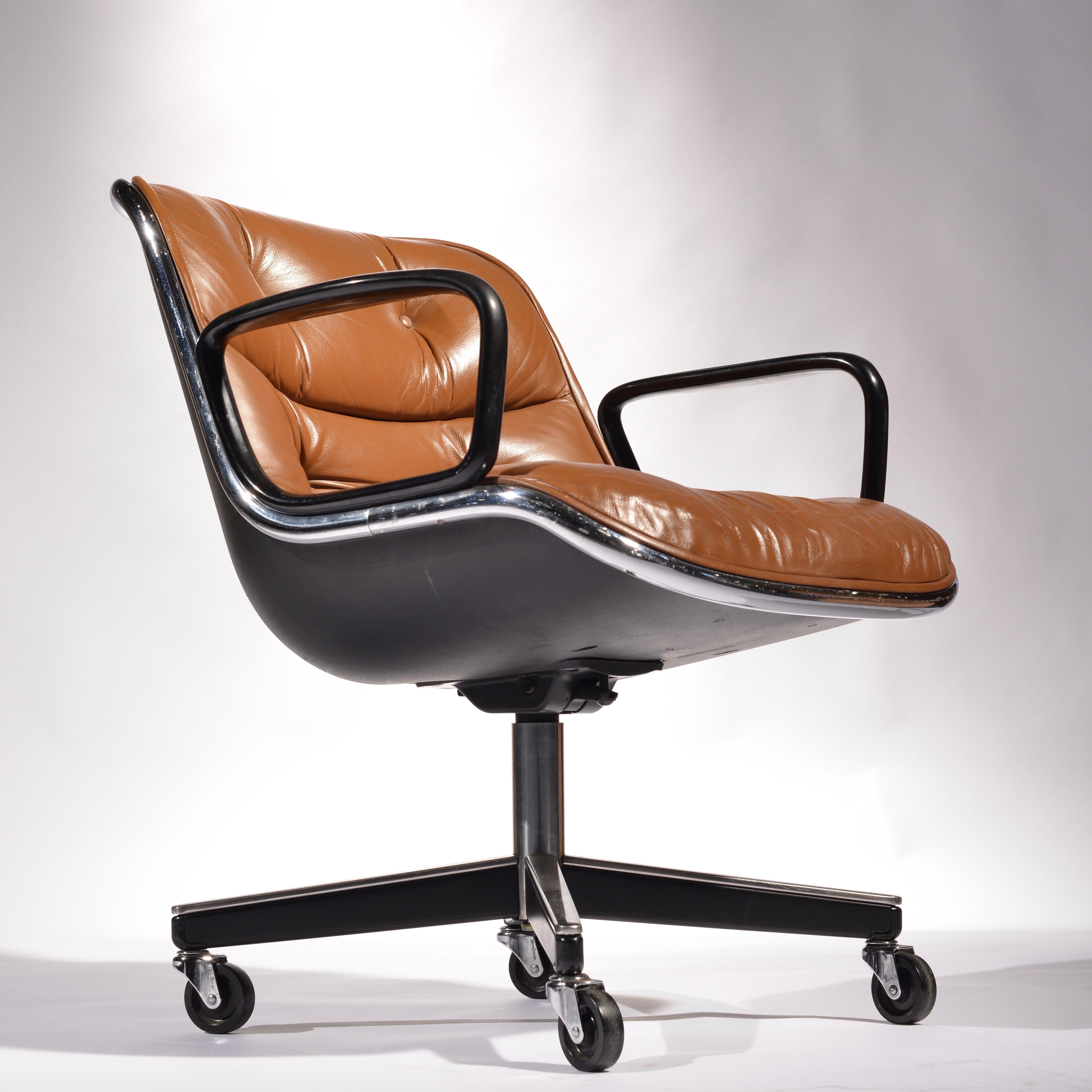 We have 10 vintage Charles Pollock executive desk chair for Knoll in the rare and amazing cognac leather. The ultimate ergonomic, office desk chair designed by this George Nelson apprentice, Charles Pollock. Chairs are adjustable. Priced per item.