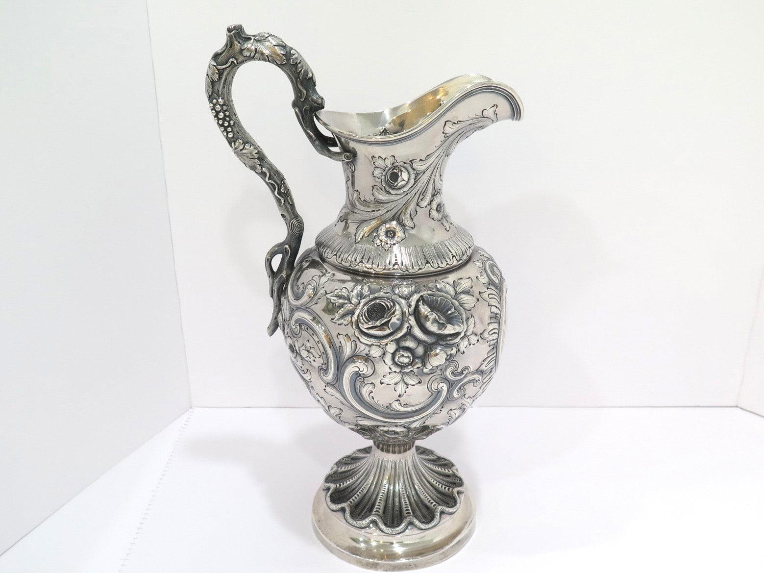 American Coin Silver Bailey Antique c. 1840 Floral Repousse Grapevine Handle Pitcher For Sale
