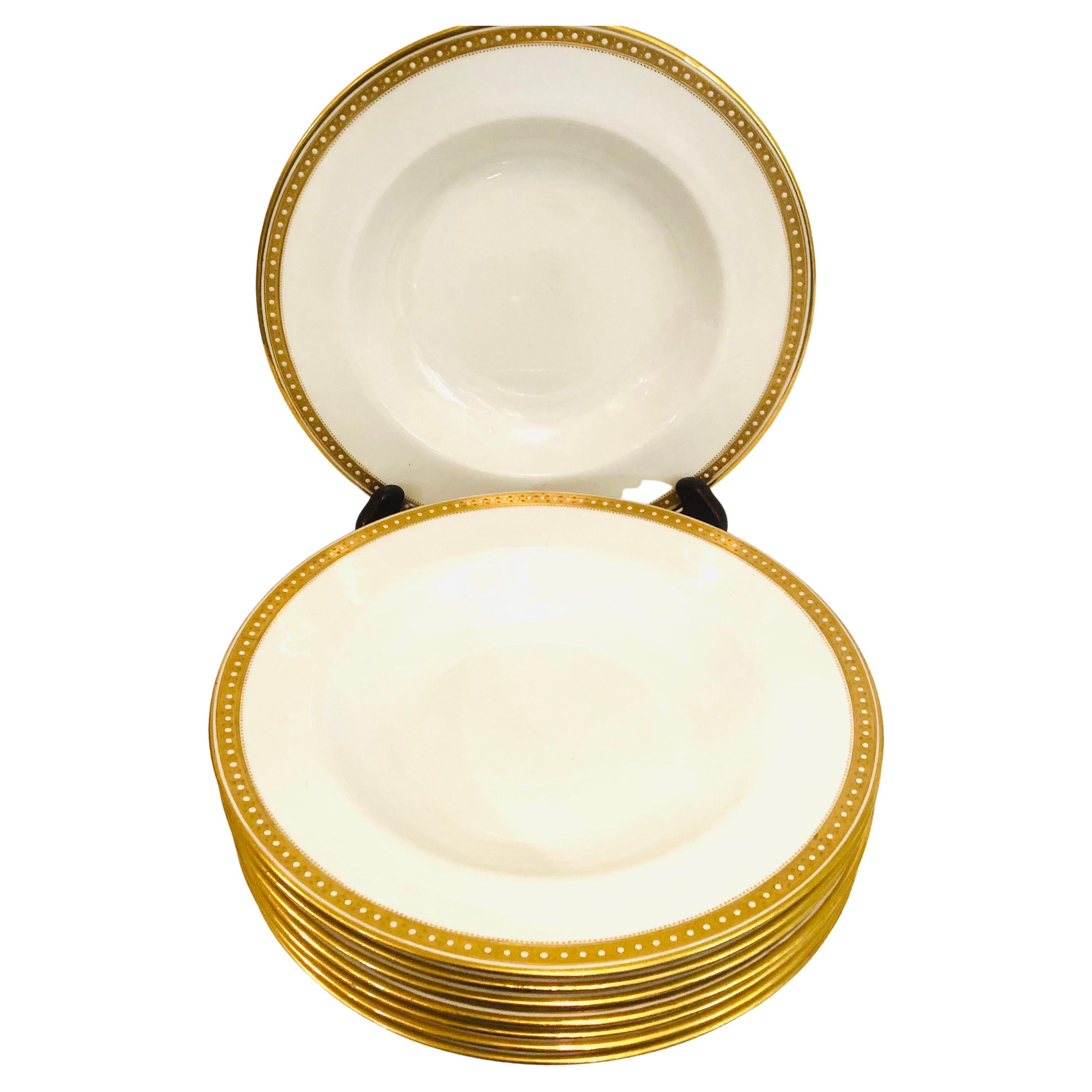 Neoclassical 16 Copeland Spode Wide Rim Soups Made for T. Goode with Gold Border & Jeweling