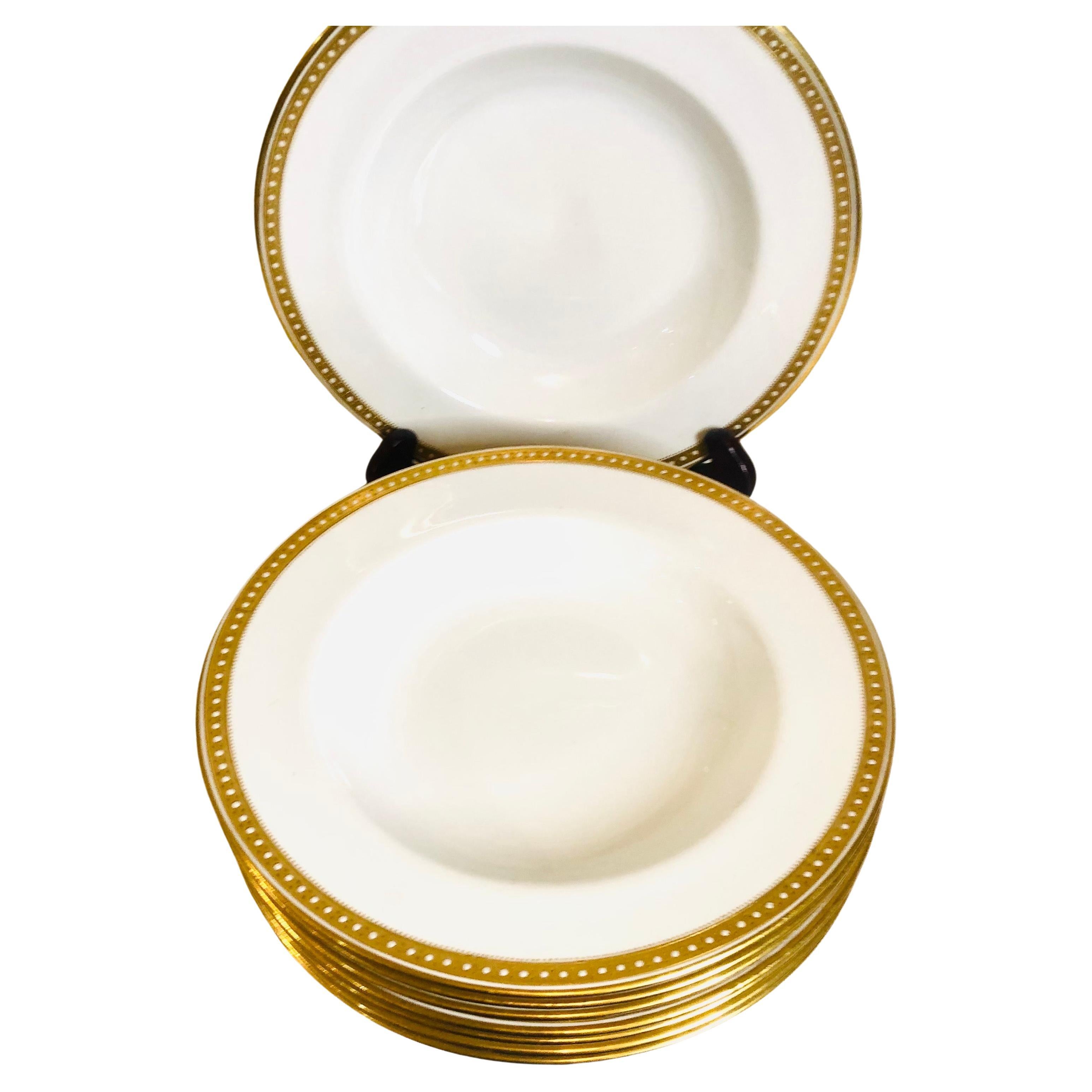 English 16 Copeland Spode Wide Rim Soups Made for T. Goode with Gold Border & Jeweling