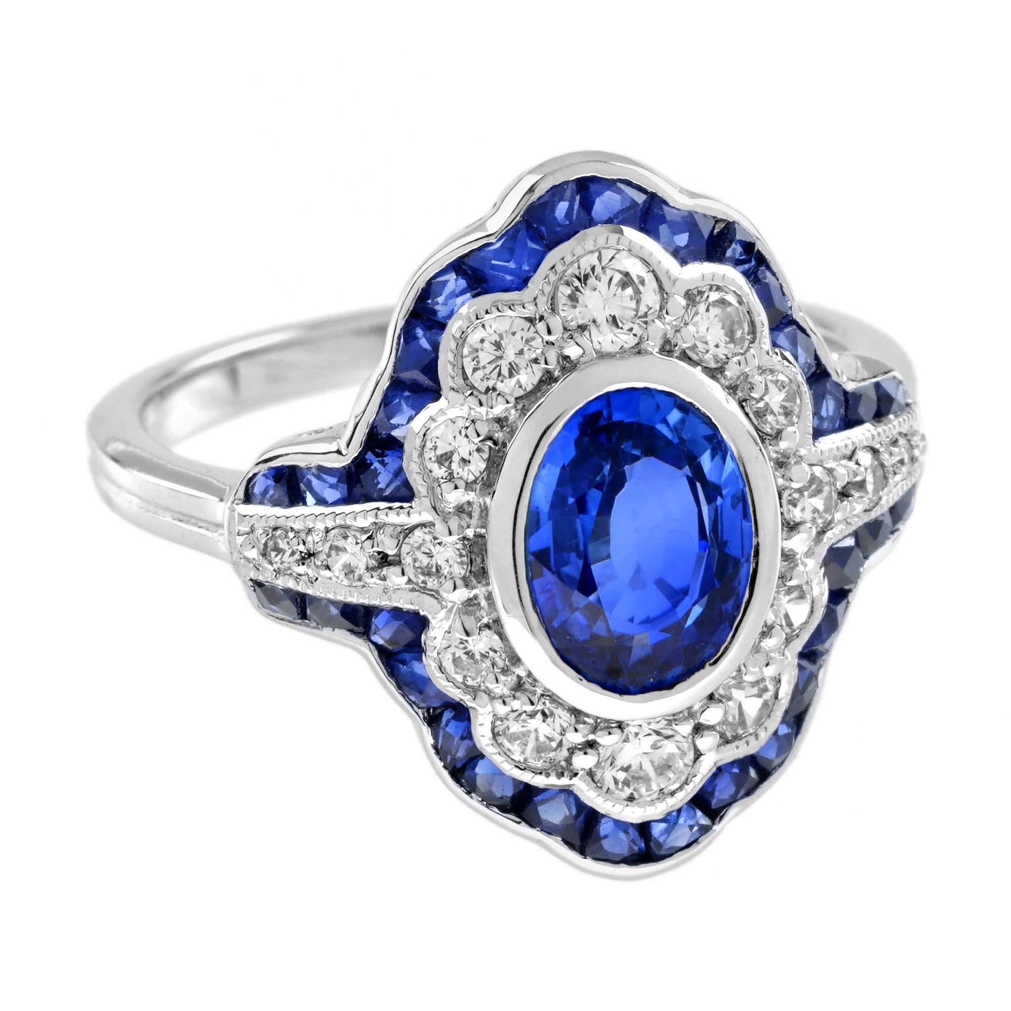 Oval Cut 1.6 Ct. Ceylon Sapphire Diamond Art Deco Style Engagement Ring in 18K White Gold For Sale