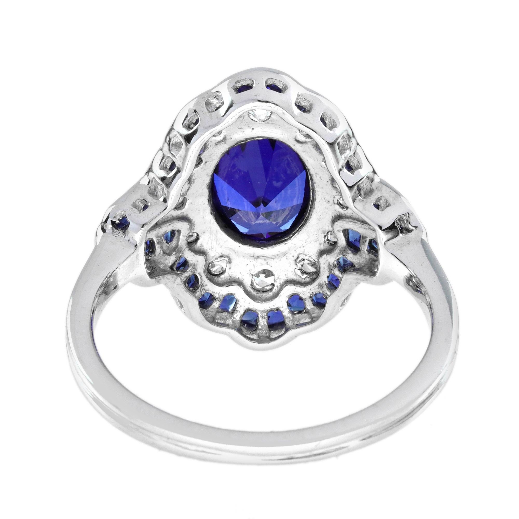 Women's 1.6 Ct. Ceylon Sapphire Diamond Art Deco Style Engagement Ring in 18K White Gold For Sale