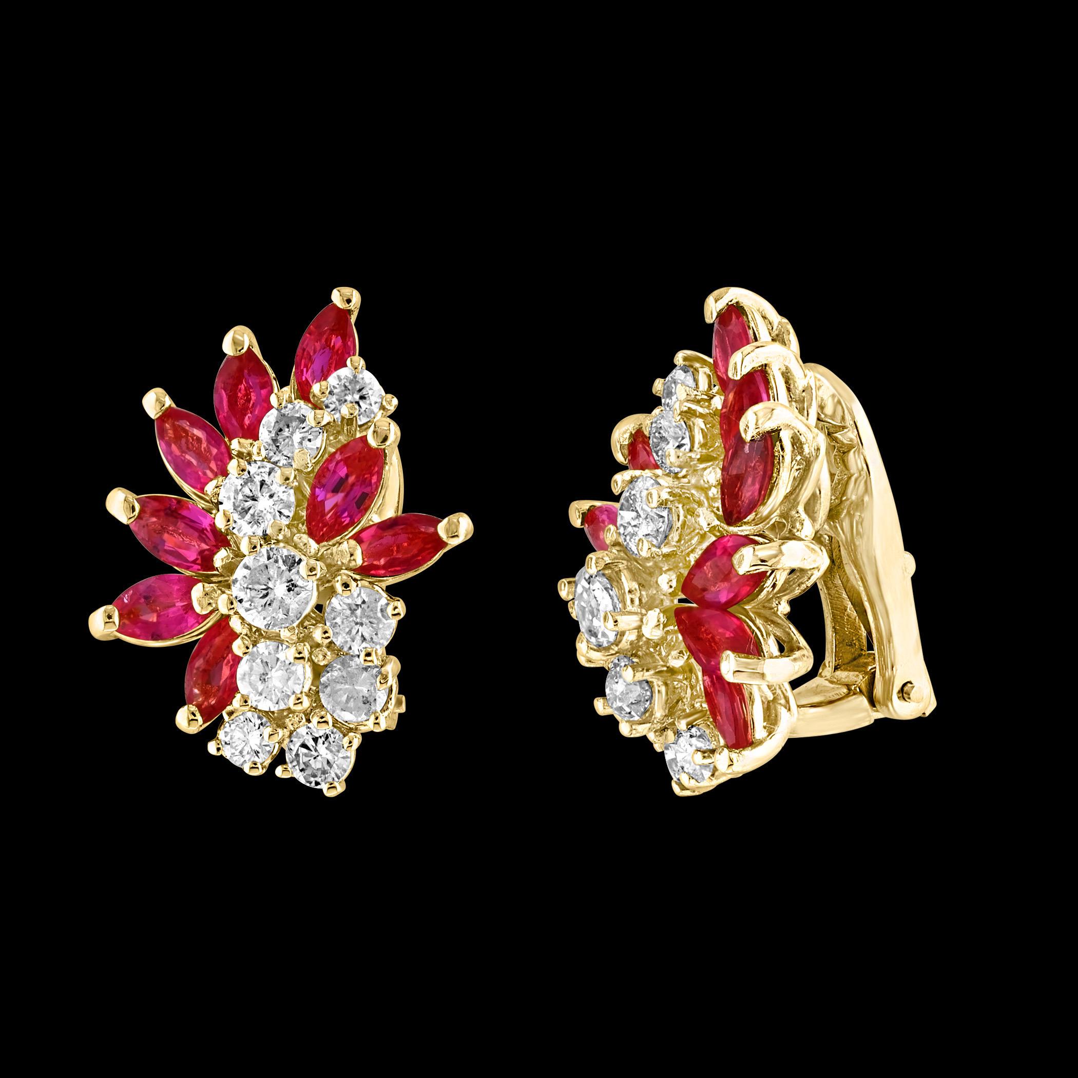 1,6 ct Natural  Pendiente de clip de rubí marquesa y diamante de 1,5 ct 18 KYG
Este exquisito par de pendientes está bellamente elaborado en oro amarillo de 18 quilates
El peso del oro de 18 quilates es de 10,8 gramos con rubíes
8 Rubíes de forma