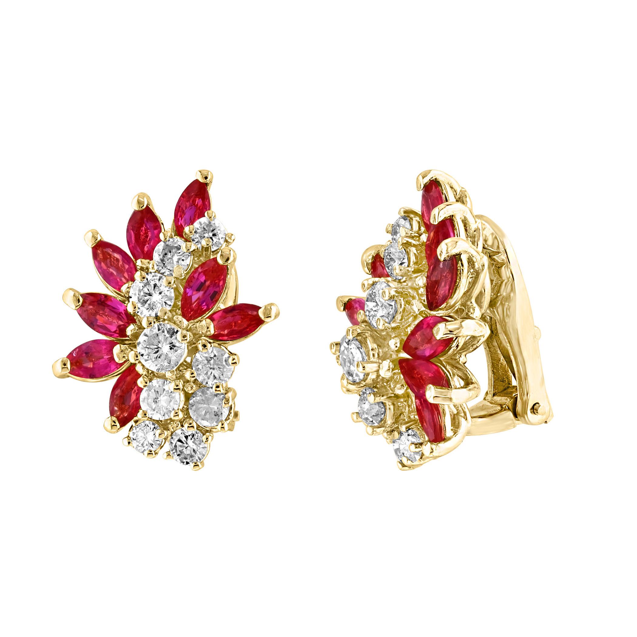 1.6 Ct Natural  Marquise Ruby & 1.5 Ct Diamond Clip on Earring 18 KYG