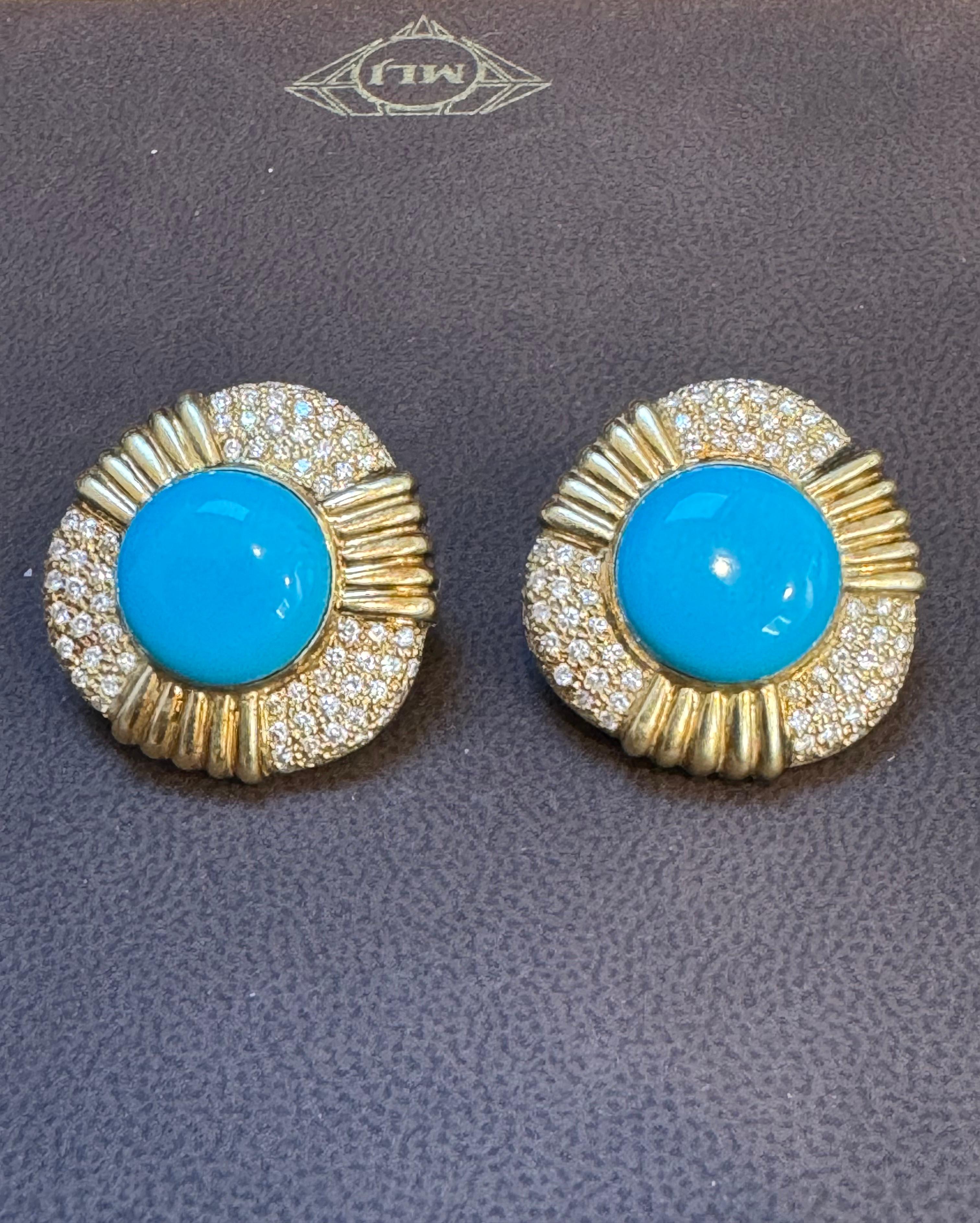16 Ct Oval Sleeping Beauty Turquoise 3 ct Diamond Stud Earrings 14 K Yellow Gold For Sale 5
