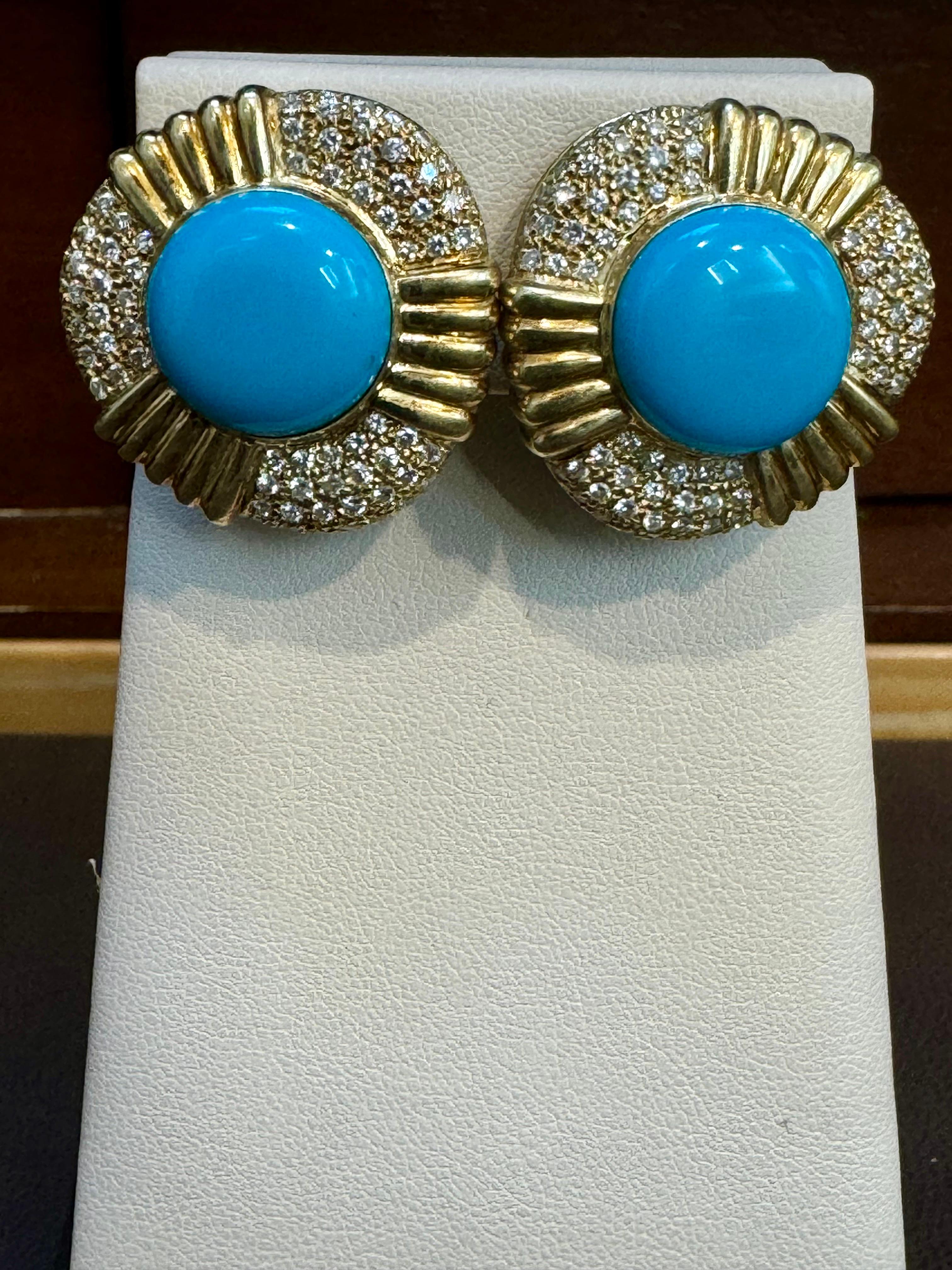 16 Ct Oval Sleeping Beauty Turquoise 3 ct Diamond Stud Earrings 14 K Yellow Gold, Post Back
This exquisite pair of earrings are beautifully crafted with 14 karat Yellow gold .
Weight of 14 K gold 23 Grams with stones
Turquoise pair is natural
