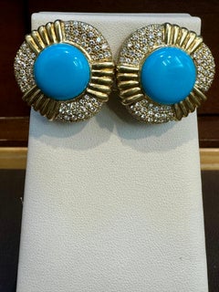 16 Ct Oval Sleeping Beauty Turquoise 3 ct Diamond Stud Earrings 14 K Yellow Gold