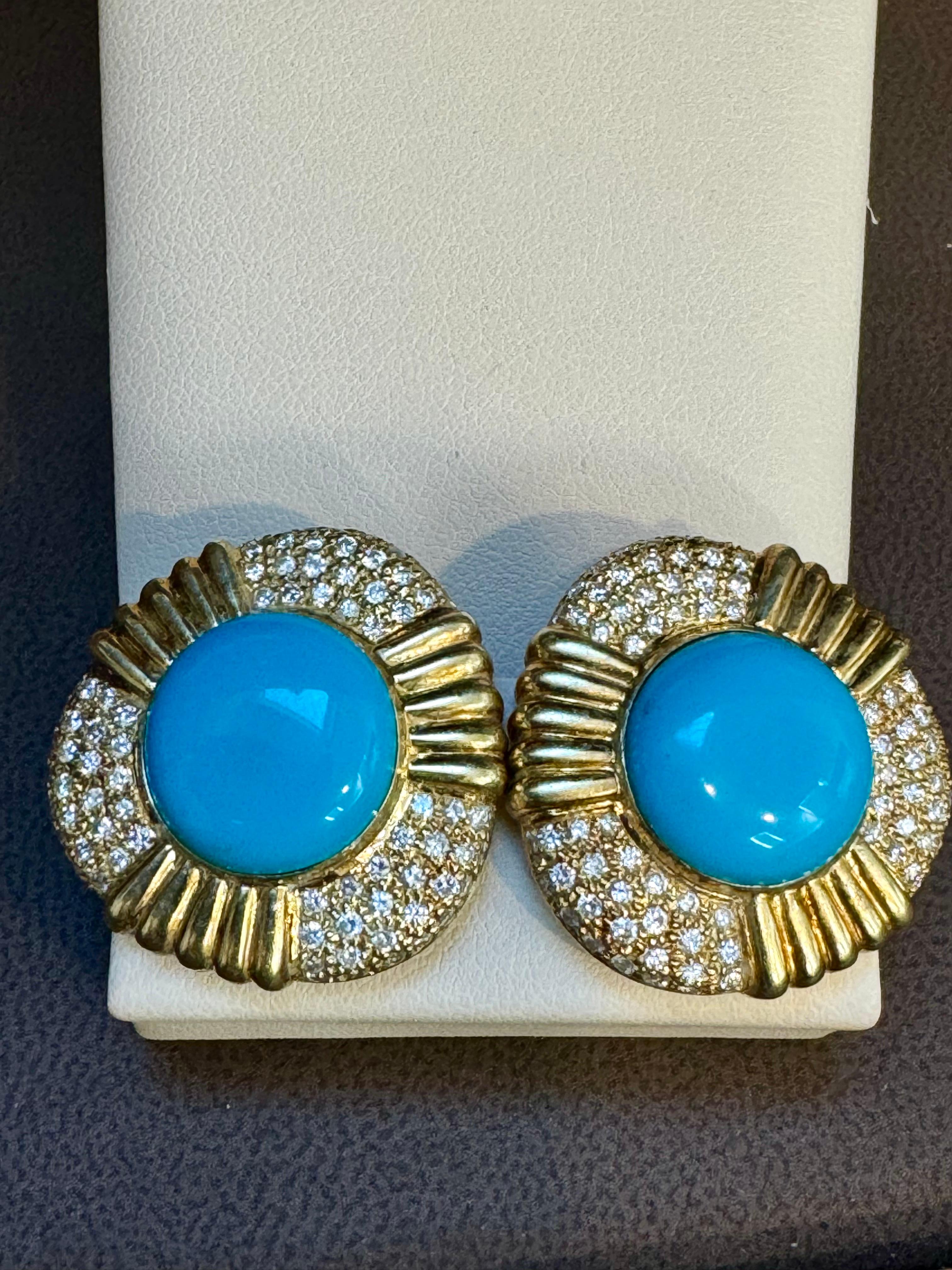 Oval Cut 16 Ct Oval Sleeping Beauty Turquoise 3 ct Diamond Stud Earrings 14 K Yellow Gold For Sale