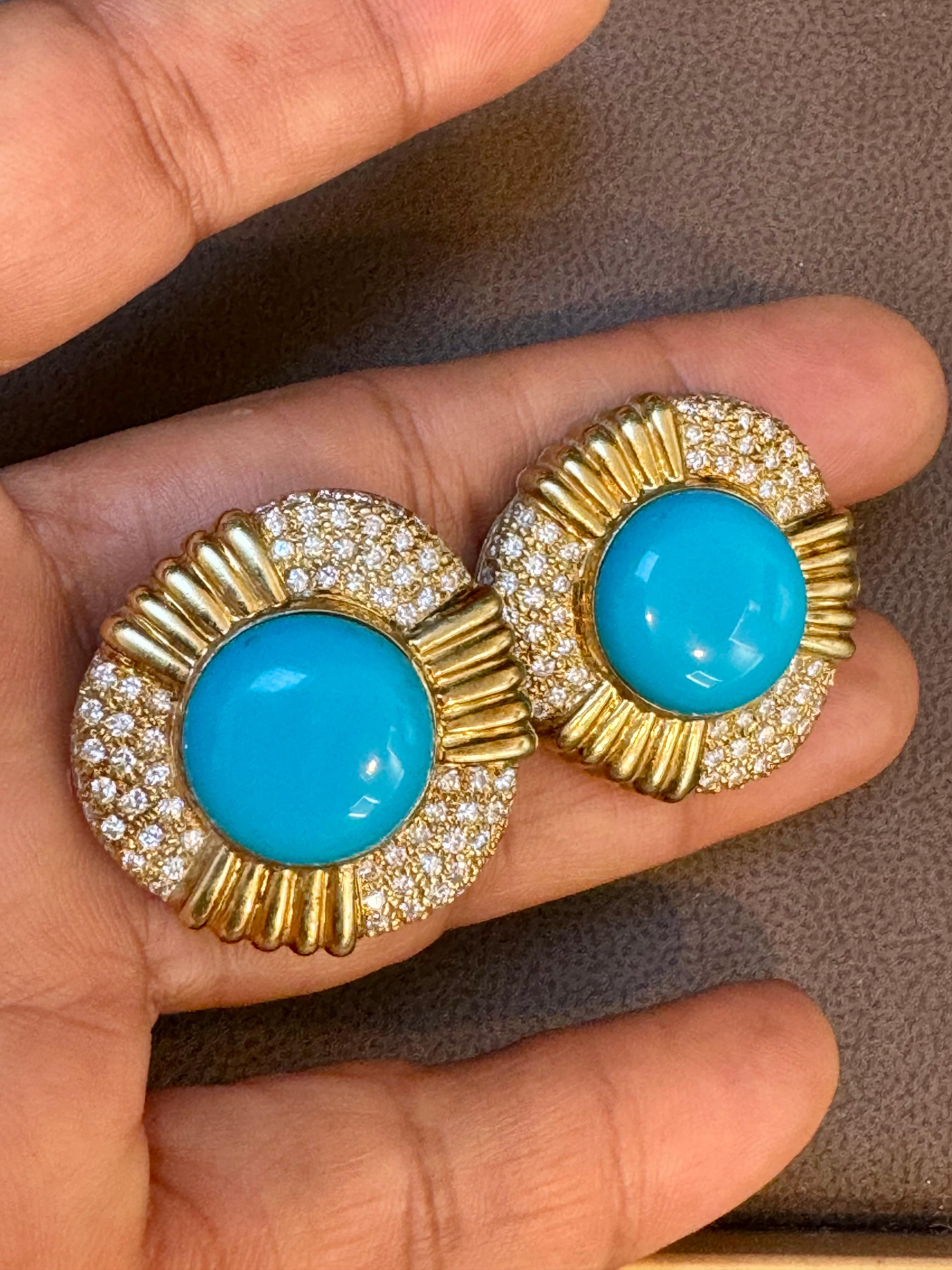 16 Ct Oval Sleeping Beauty Turquoise 3 ct Diamond Stud Earrings 14 K Yellow Gold In Excellent Condition For Sale In New York, NY