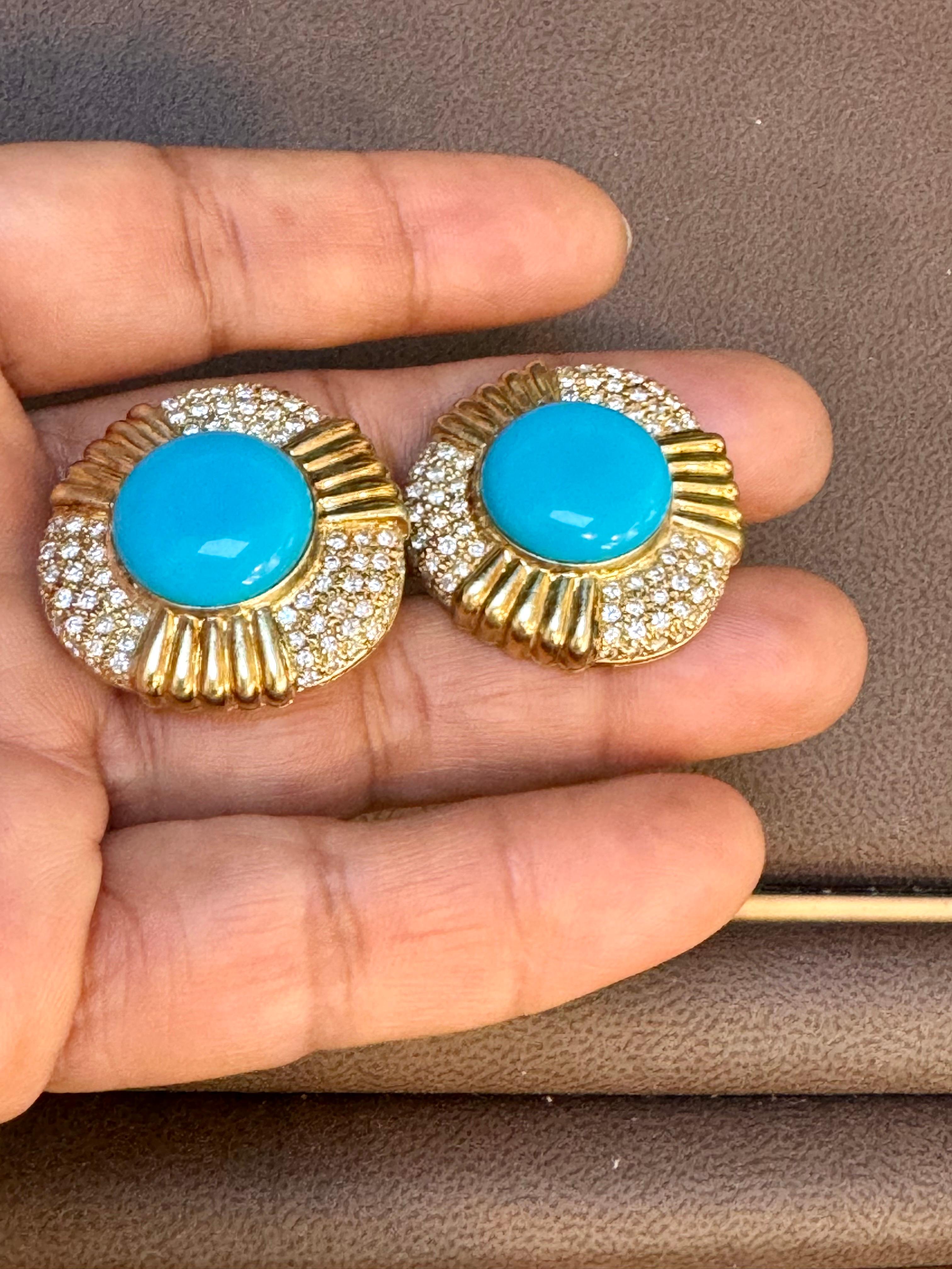 Women's 16 Ct Oval Sleeping Beauty Turquoise 3 ct Diamond Stud Earrings 14 K Yellow Gold For Sale