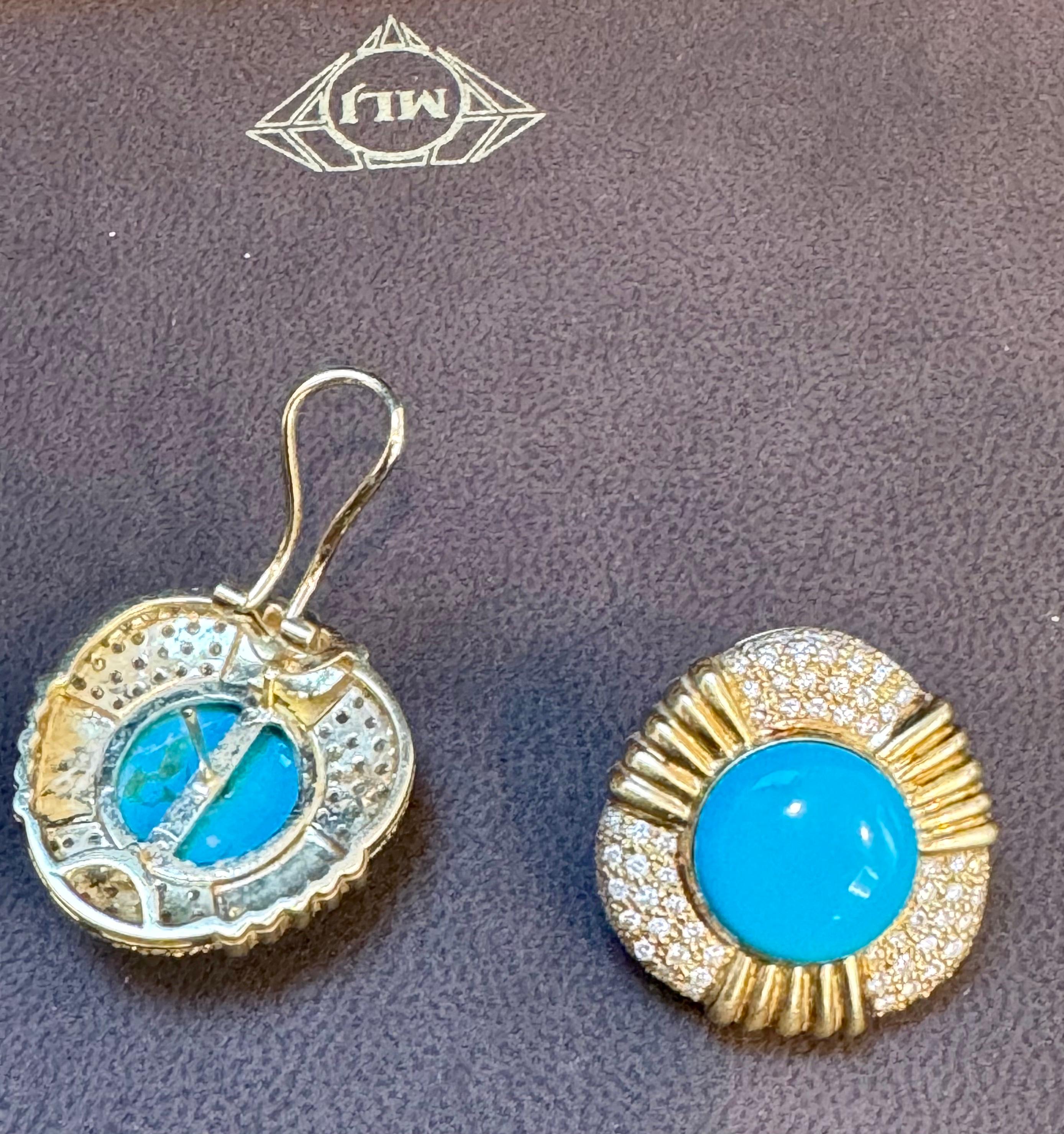 16 Ct Oval Sleeping Beauty Turquoise 3 ct Diamond Stud Earrings 14 K Yellow Gold For Sale 1