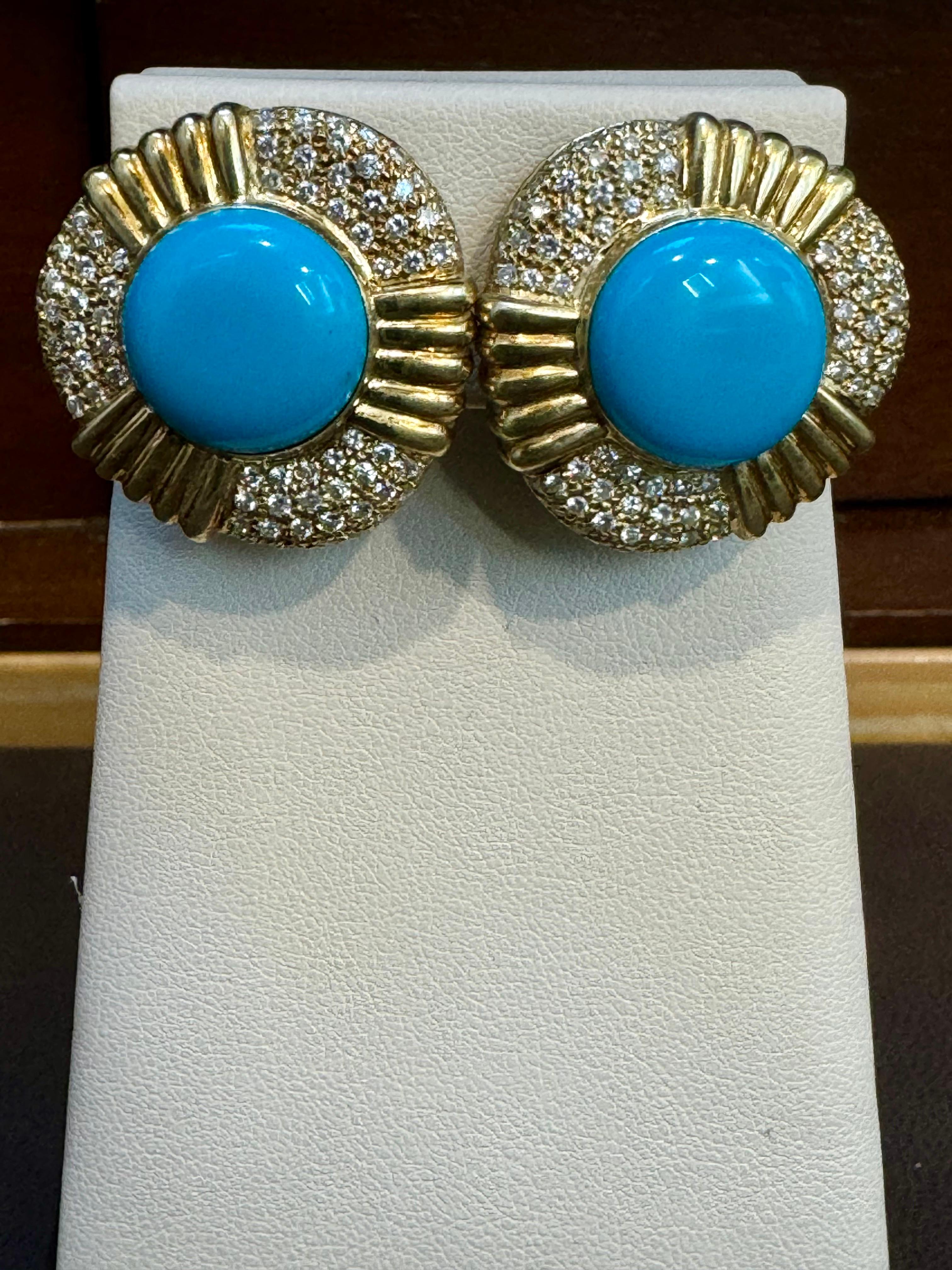 16 Ct Oval Sleeping Beauty Turquoise 3 ct Diamond Stud Earrings 14 K Yellow Gold For Sale 3