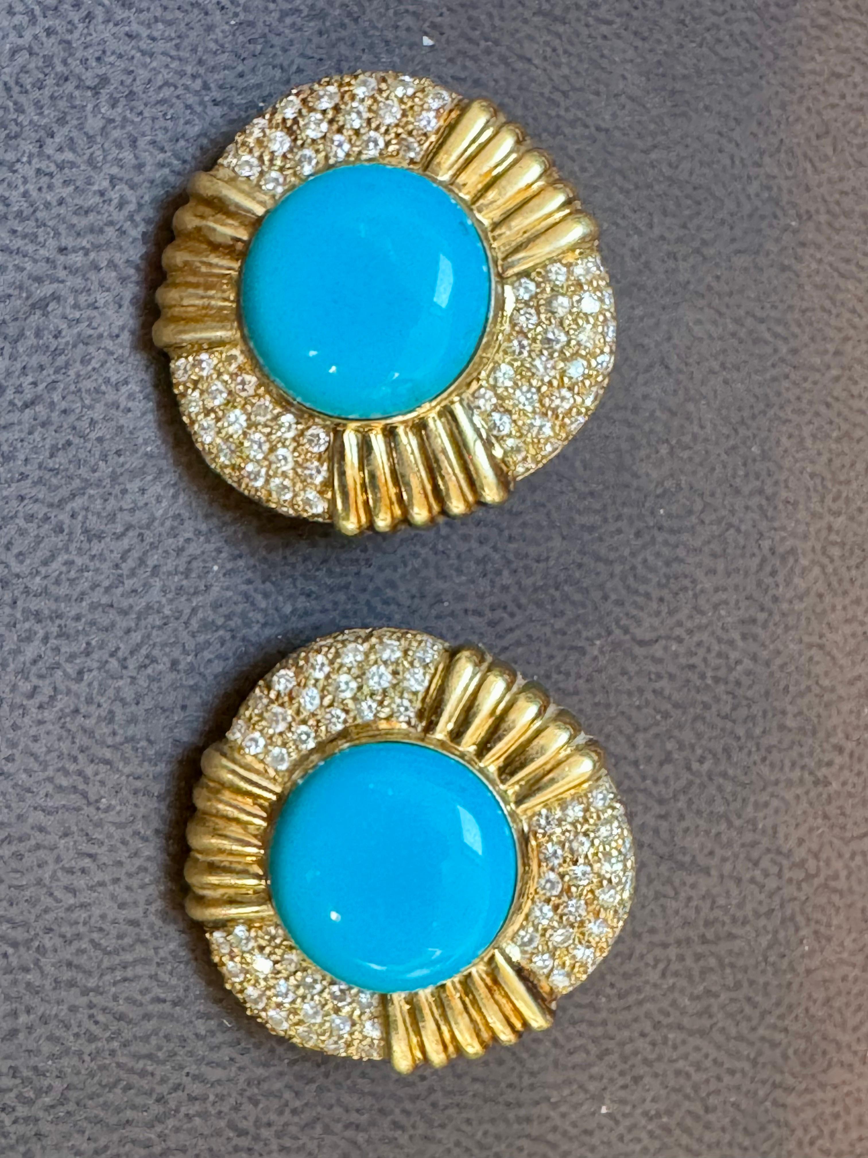 16 Ct Oval Sleeping Beauty Turquoise 3 ct Diamond Stud Earrings 14 K Yellow Gold For Sale 4